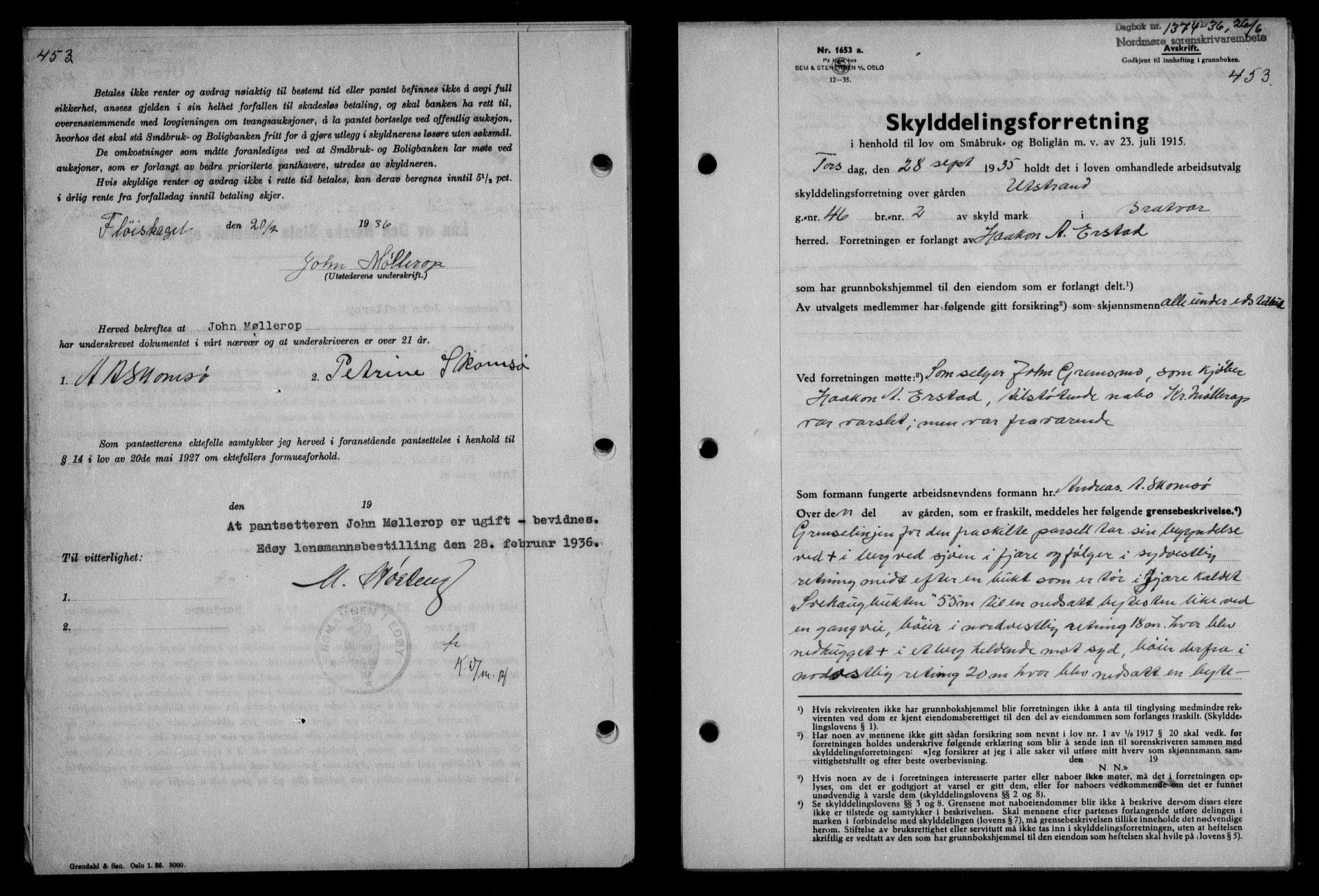 Nordmøre sorenskriveri, AV/SAT-A-4132/1/2/2Ca/L0088: Mortgage book no. 78, 1936-1936, Diary no: : 1374/1936