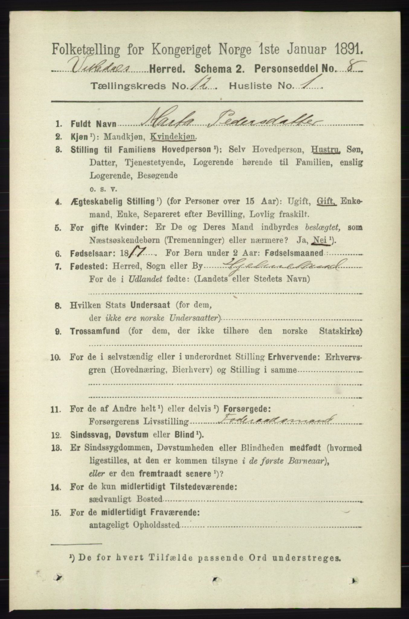 RA, 1891 census for 1157 Vikedal, 1891, p. 3189