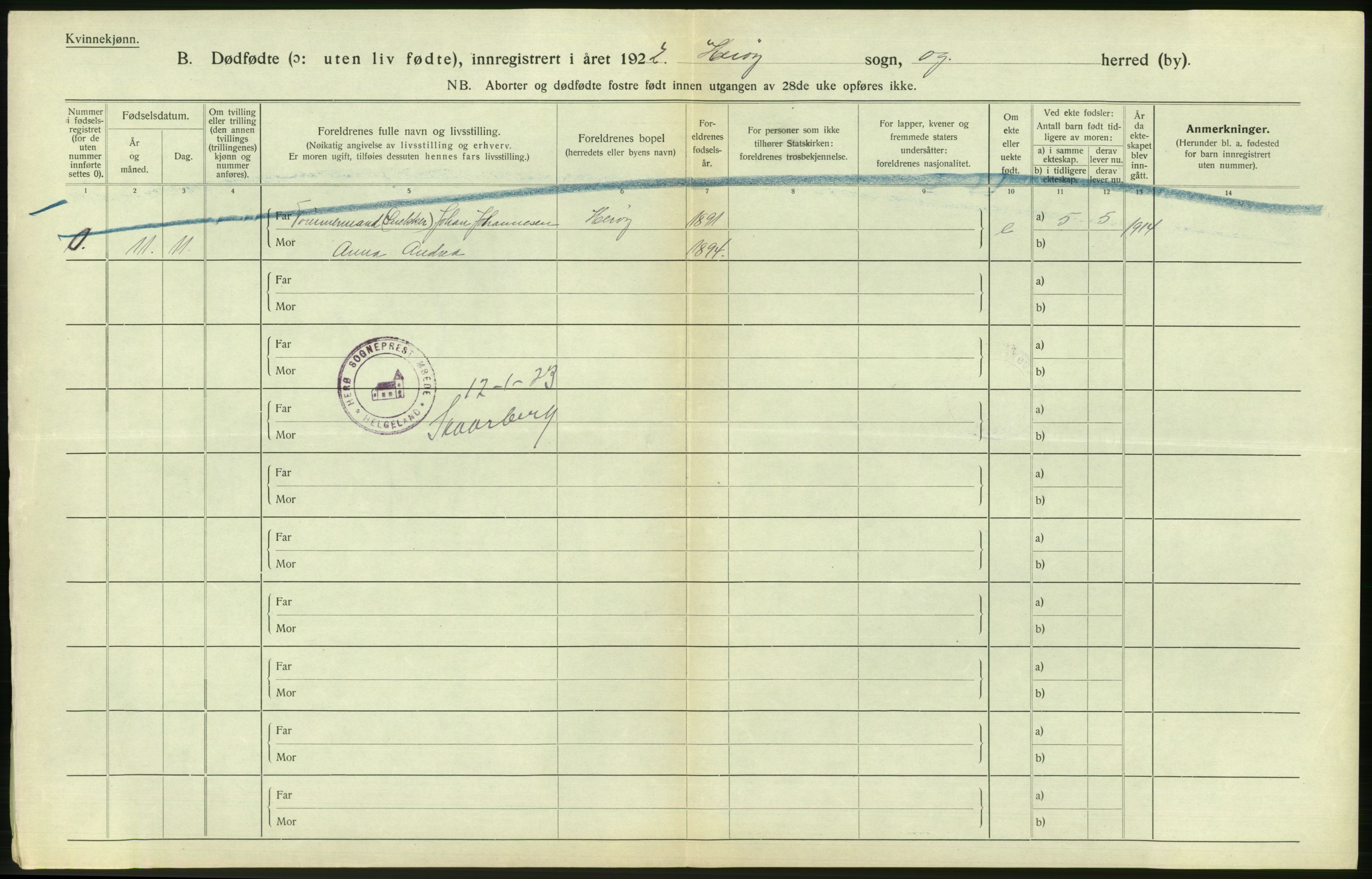 Statistisk sentralbyrå, Sosiodemografiske emner, Befolkning, AV/RA-S-2228/D/Df/Dfc/Dfcb/L0045: Nordland fylke: Gifte, dødfødte. Bygder og byer., 1922, p. 364