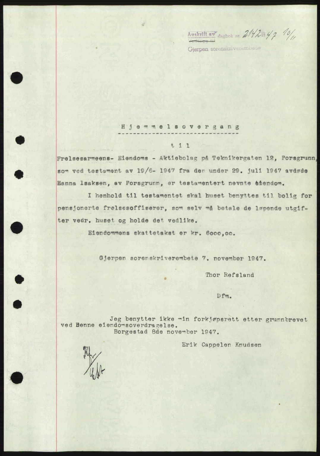 Gjerpen sorenskriveri, AV/SAKO-A-216/G/Ga/Gae/L0082: Mortgage book no. A-82, 1947-1947, Diary no: : 2142/1947