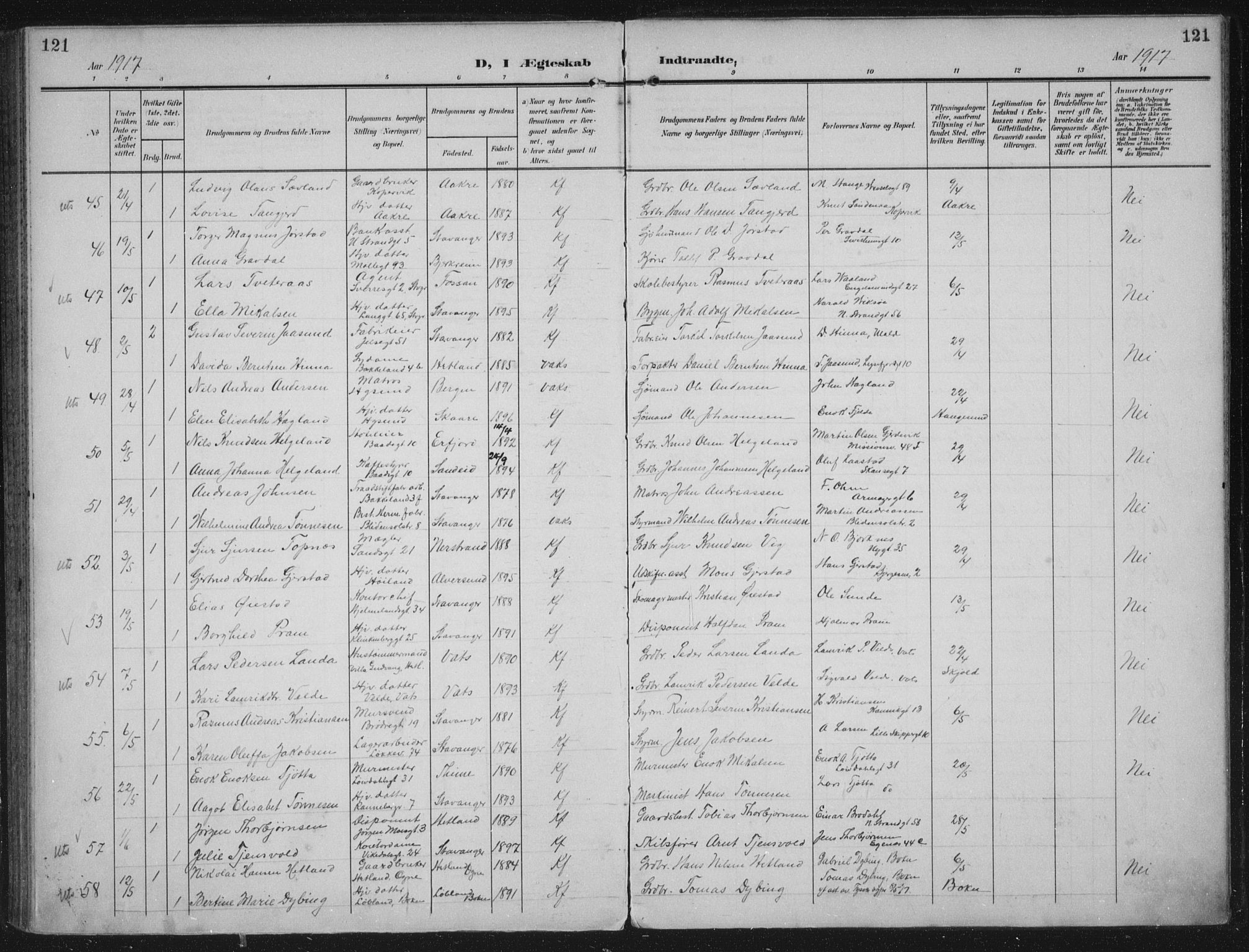 Domkirken sokneprestkontor, AV/SAST-A-101812/002/A/L0016: Parish register (official) no. A 33, 1905-1922, p. 121