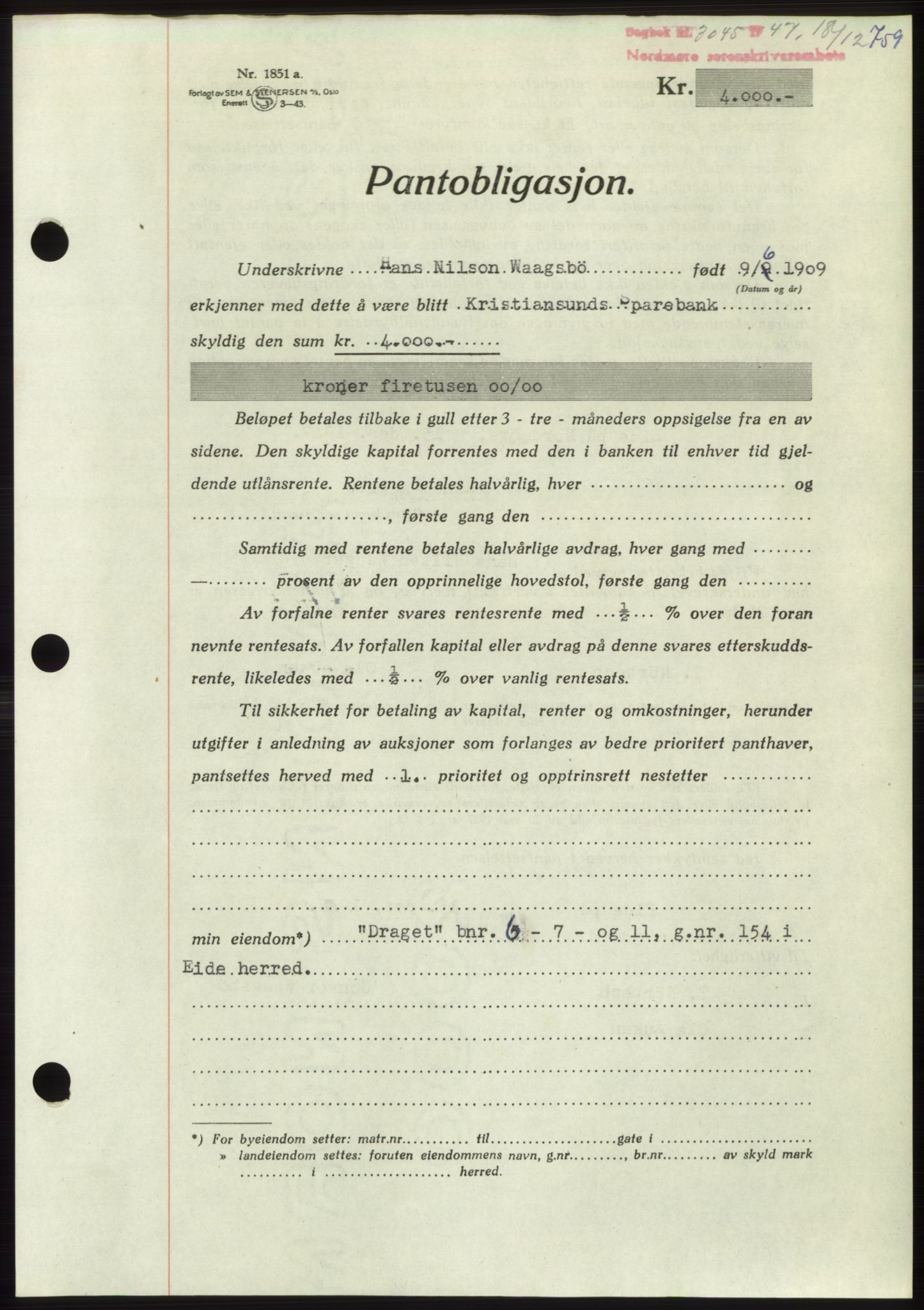 Nordmøre sorenskriveri, AV/SAT-A-4132/1/2/2Ca: Mortgage book no. B97, 1947-1948, Diary no: : 3045/1947