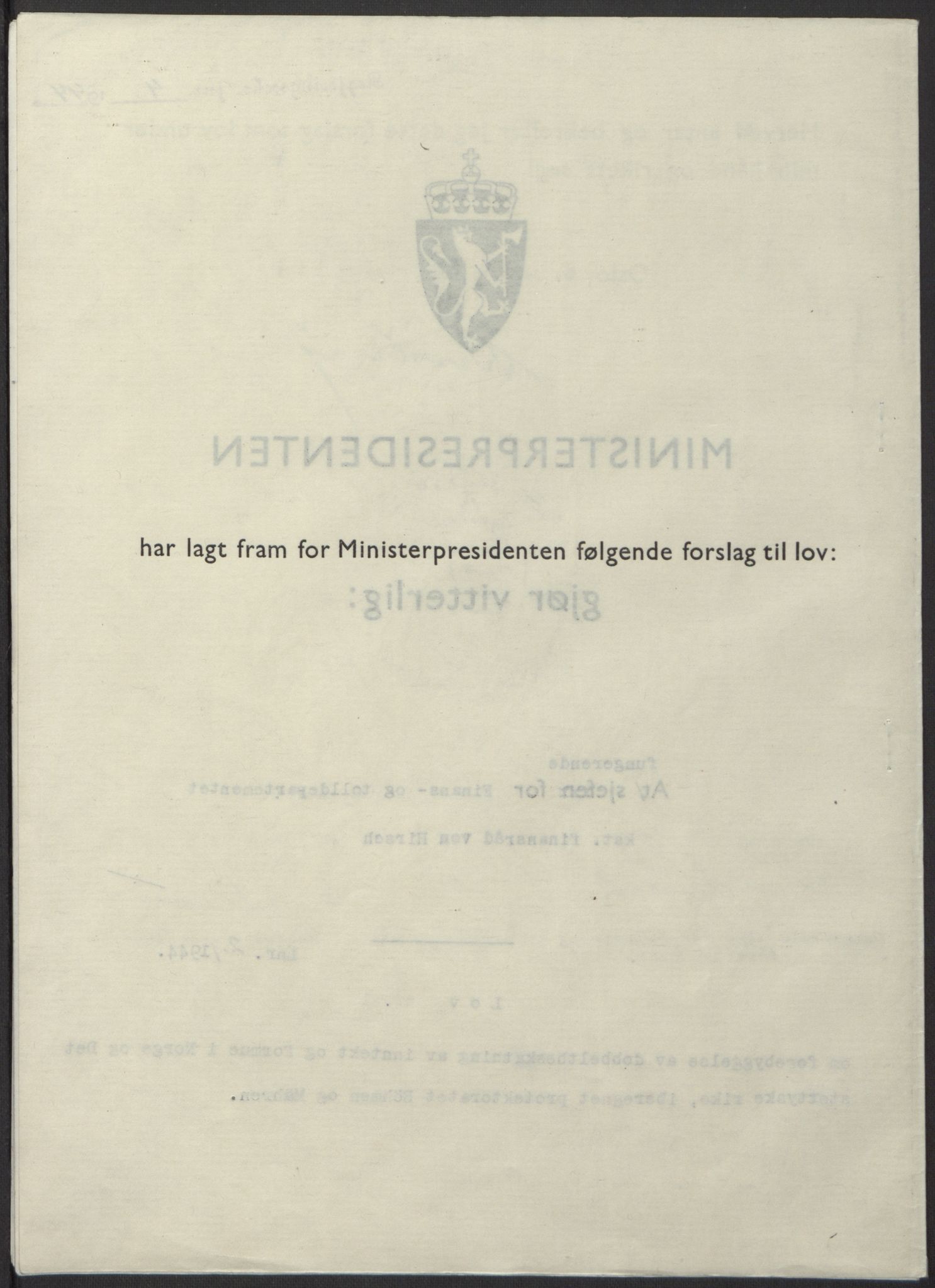 NS-administrasjonen 1940-1945 (Statsrådsekretariatet, de kommisariske statsråder mm), AV/RA-S-4279/D/Db/L0100: Lover, 1944, p. 4