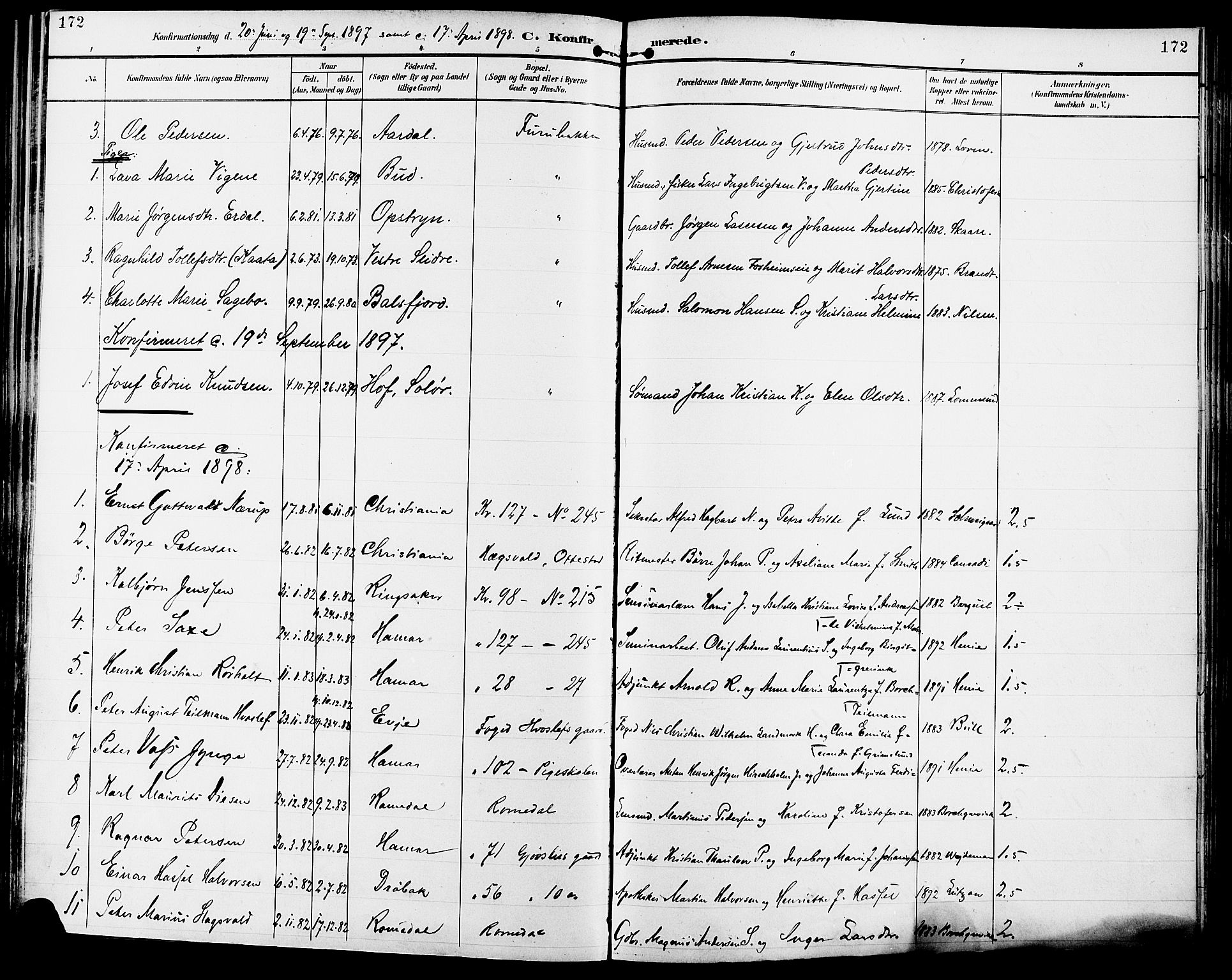 Vang prestekontor, Hedmark, SAH/PREST-008/H/Ha/Haa/L0017: Parish register (official) no. 17, 1890-1899, p. 172