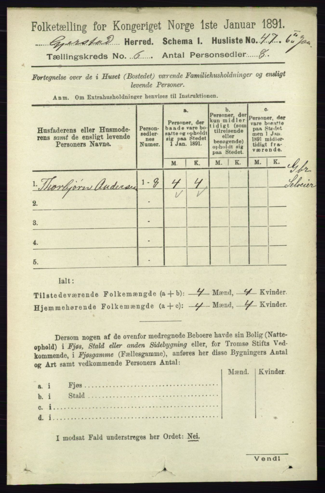 RA, 1891 census for 0911 Gjerstad, 1891, p. 2375