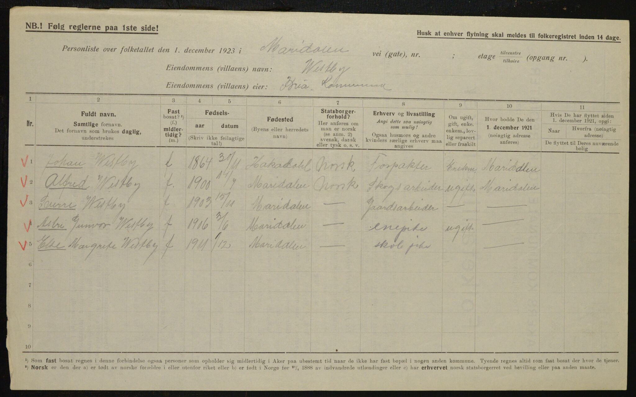 , Municipal Census 1923 for Aker, 1923, p. 11009