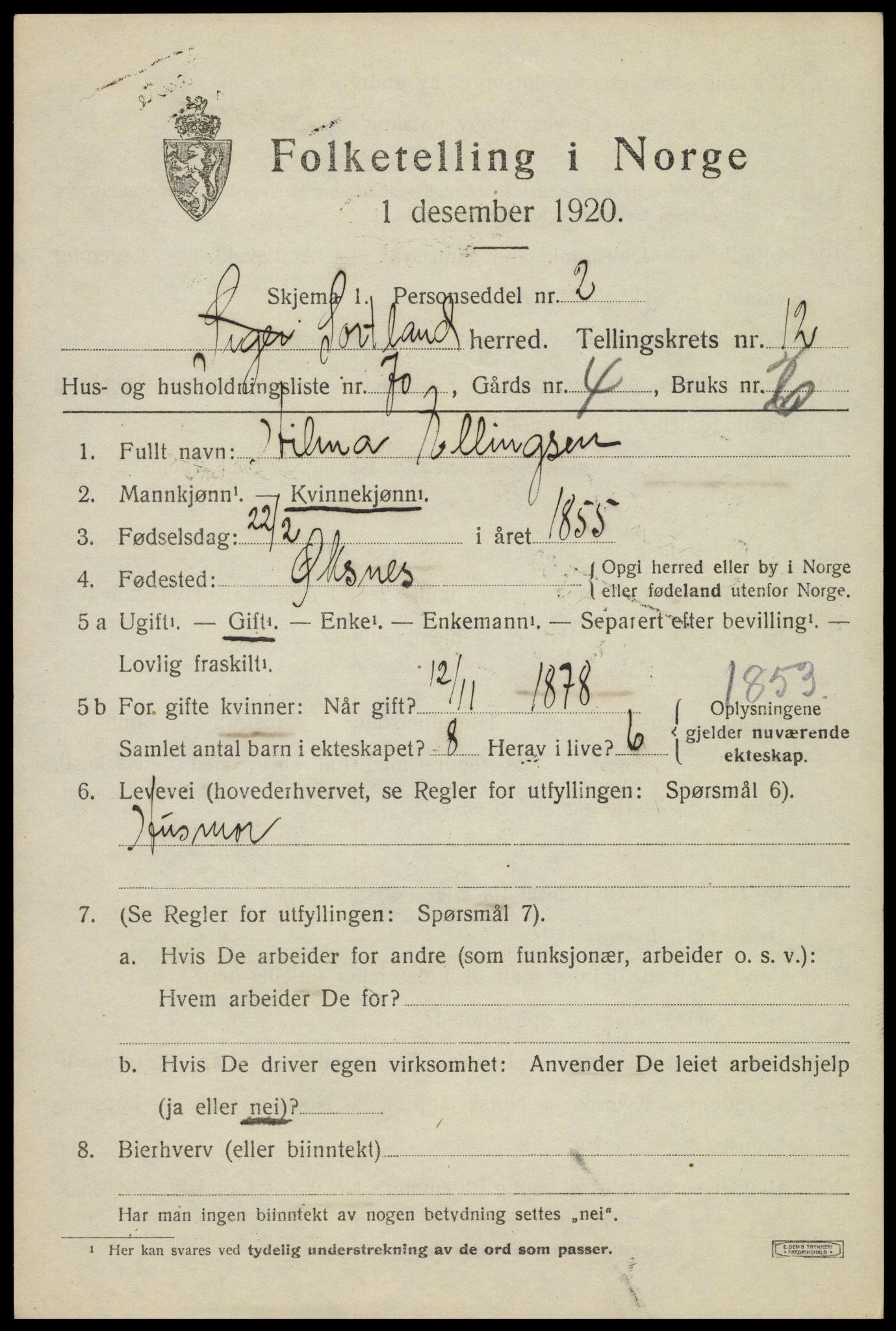 SAT, 1920 census for Sortland, 1920, p. 9928