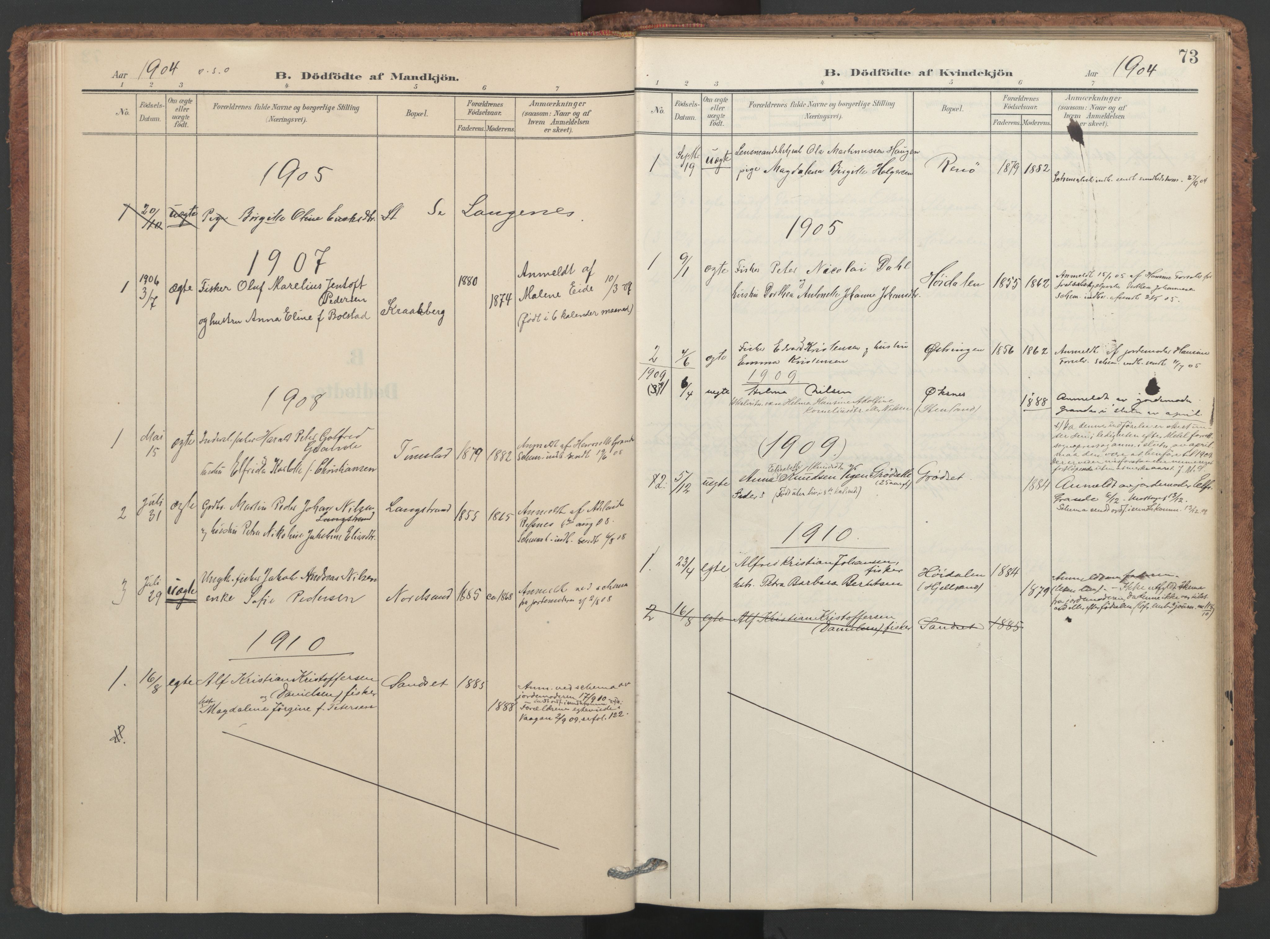 Ministerialprotokoller, klokkerbøker og fødselsregistre - Nordland, SAT/A-1459/893/L1339: Parish register (official) no. 893A11, 1904-1914, p. 73