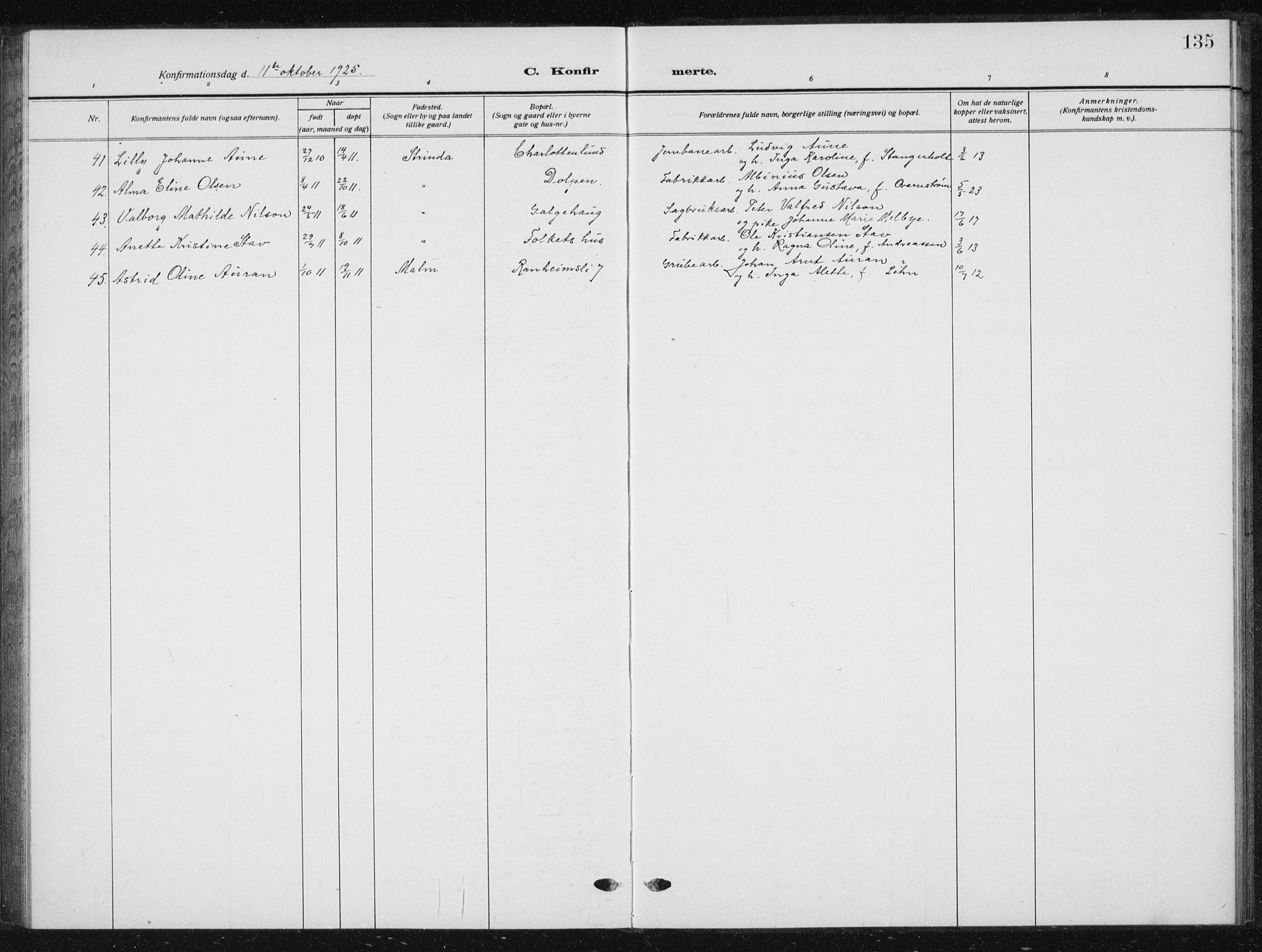 Ministerialprotokoller, klokkerbøker og fødselsregistre - Sør-Trøndelag, SAT/A-1456/615/L0401: Parish register (copy) no. 615C02, 1922-1941, p. 135