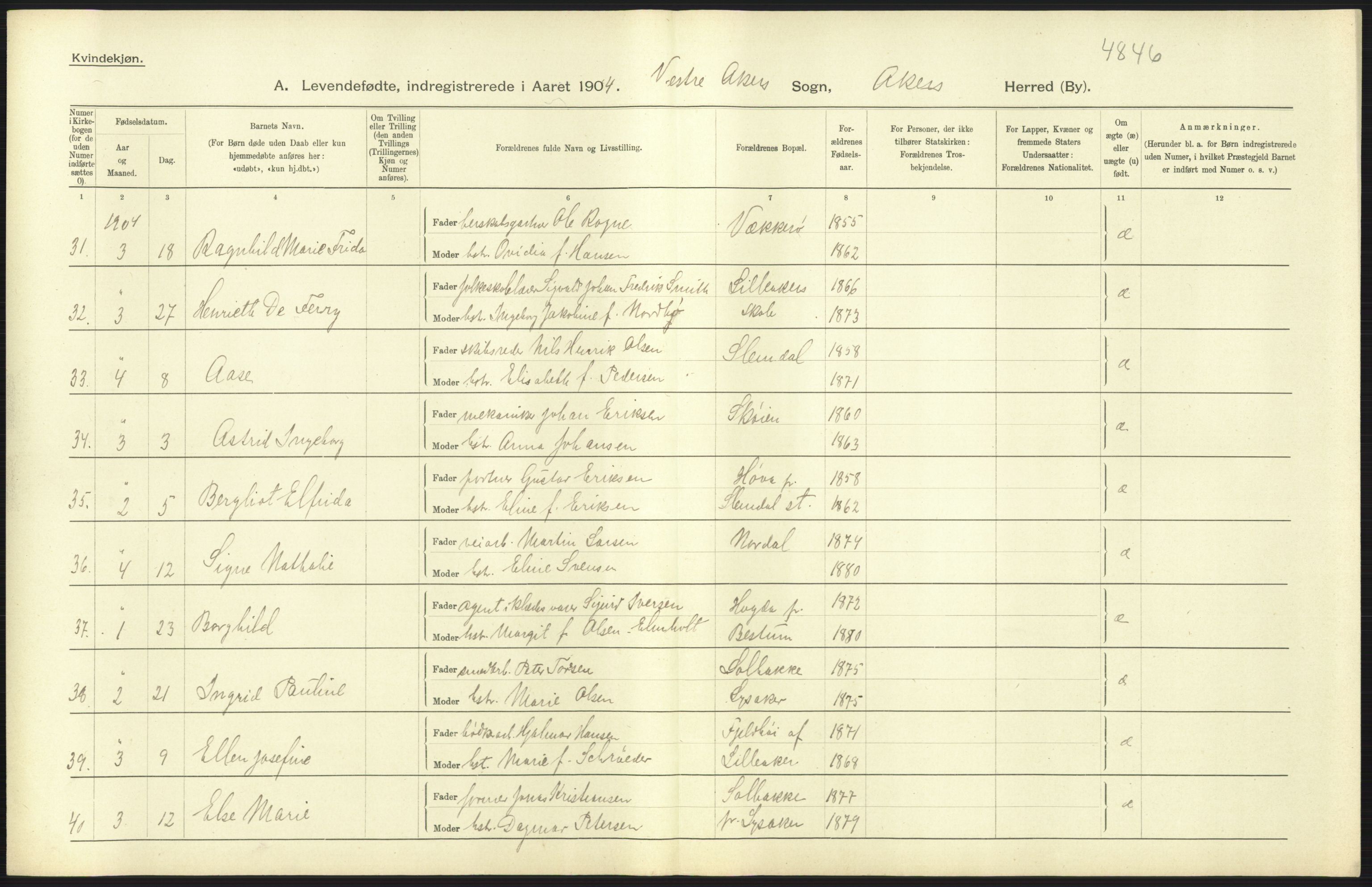 Statistisk sentralbyrå, Sosiodemografiske emner, Befolkning, AV/RA-S-2228/D/Df/Dfa/Dfab/L0002: Akershus amt: Fødte, gifte, døde, 1904, p. 421