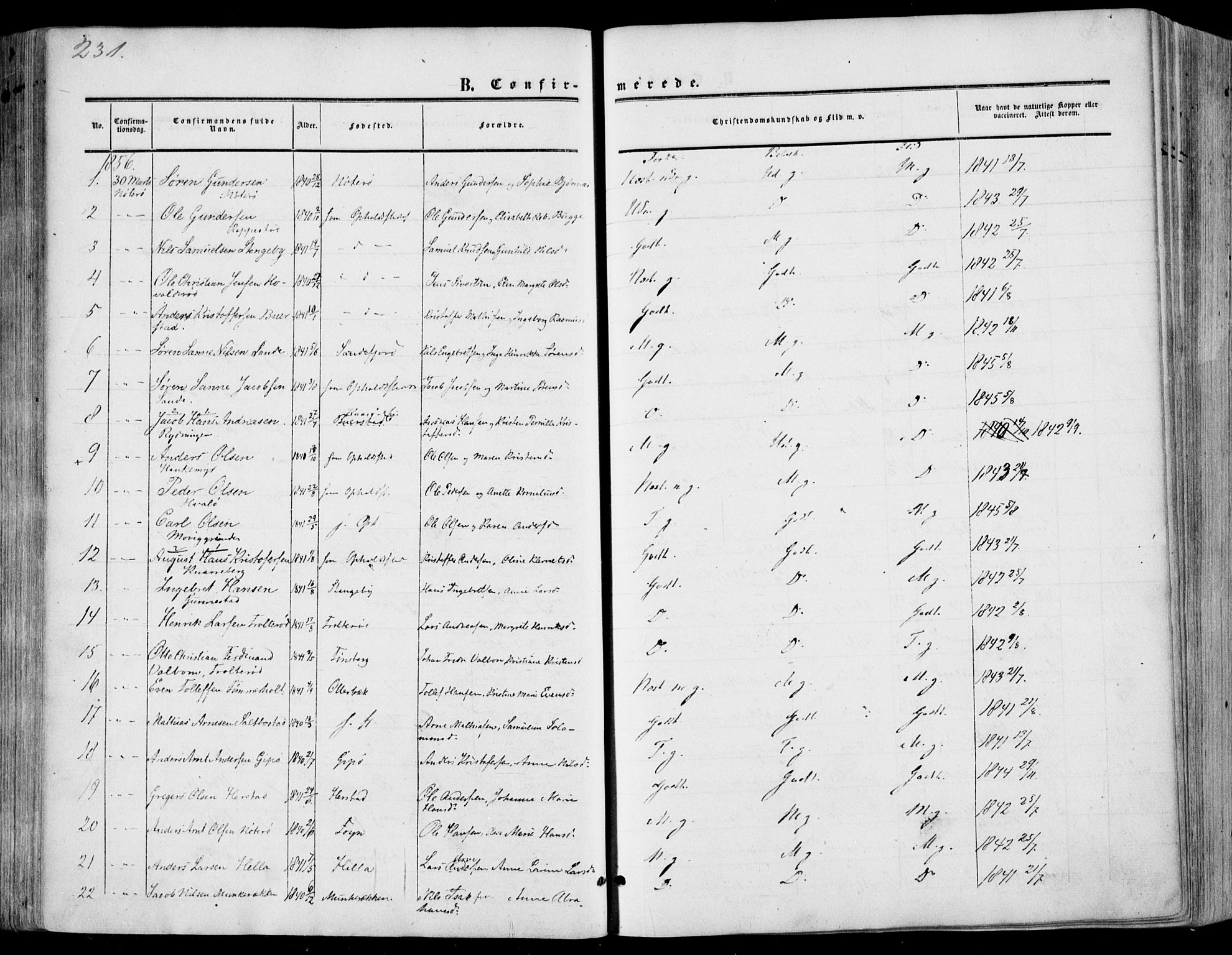 Nøtterøy kirkebøker, SAKO/A-354/F/Fa/L0006: Parish register (official) no. I 6, 1852-1864, p. 231