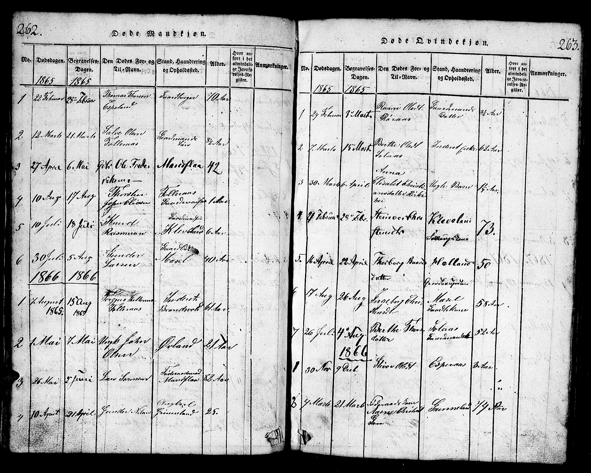 Bjelland sokneprestkontor, SAK/1111-0005/F/Fb/Fbb/L0003: Parish register (copy) no. B 3, 1816-1868, p. 262-263