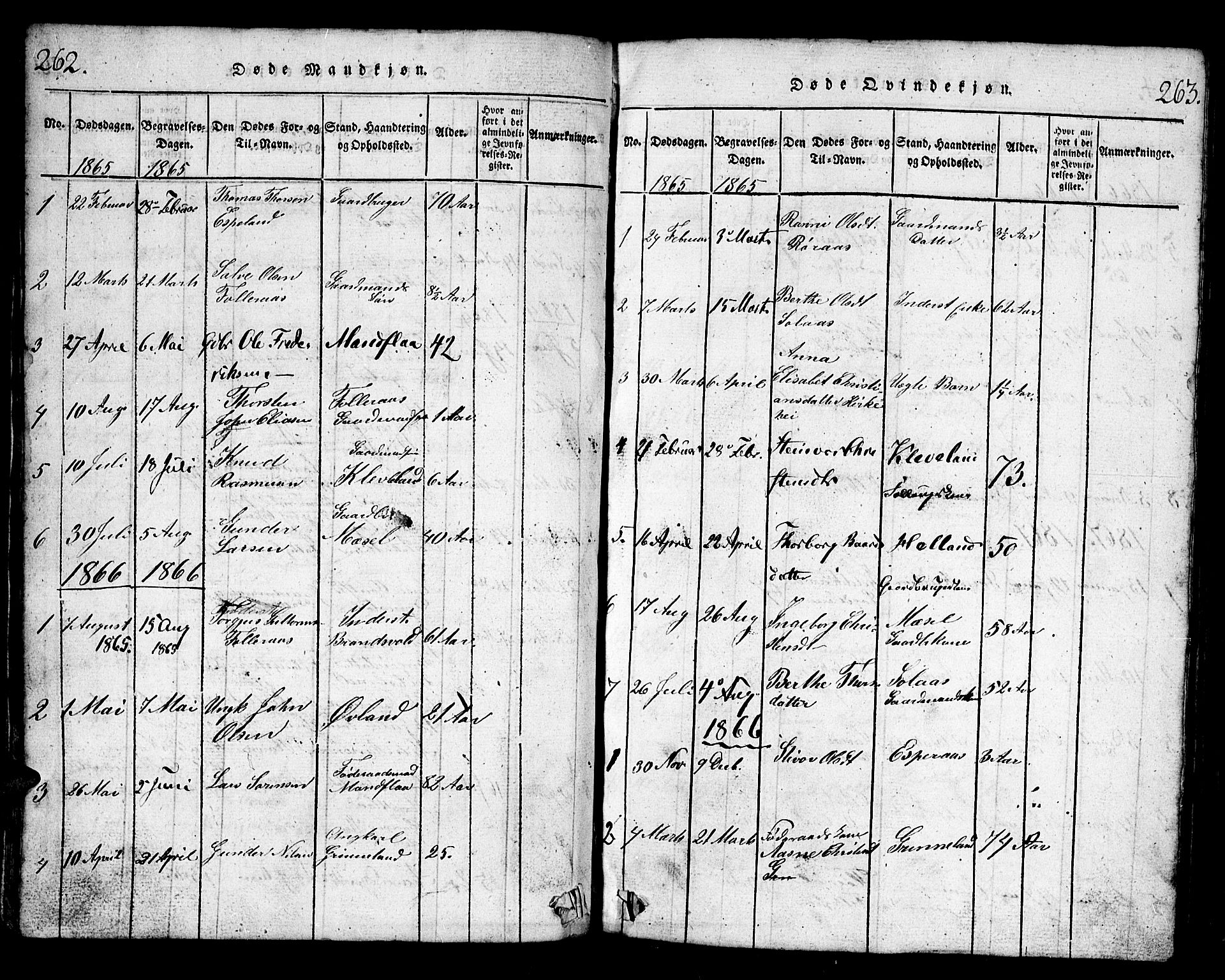 Bjelland sokneprestkontor, AV/SAK-1111-0005/F/Fb/Fbb/L0003: Parish register (copy) no. B 3, 1816-1868, p. 262-263