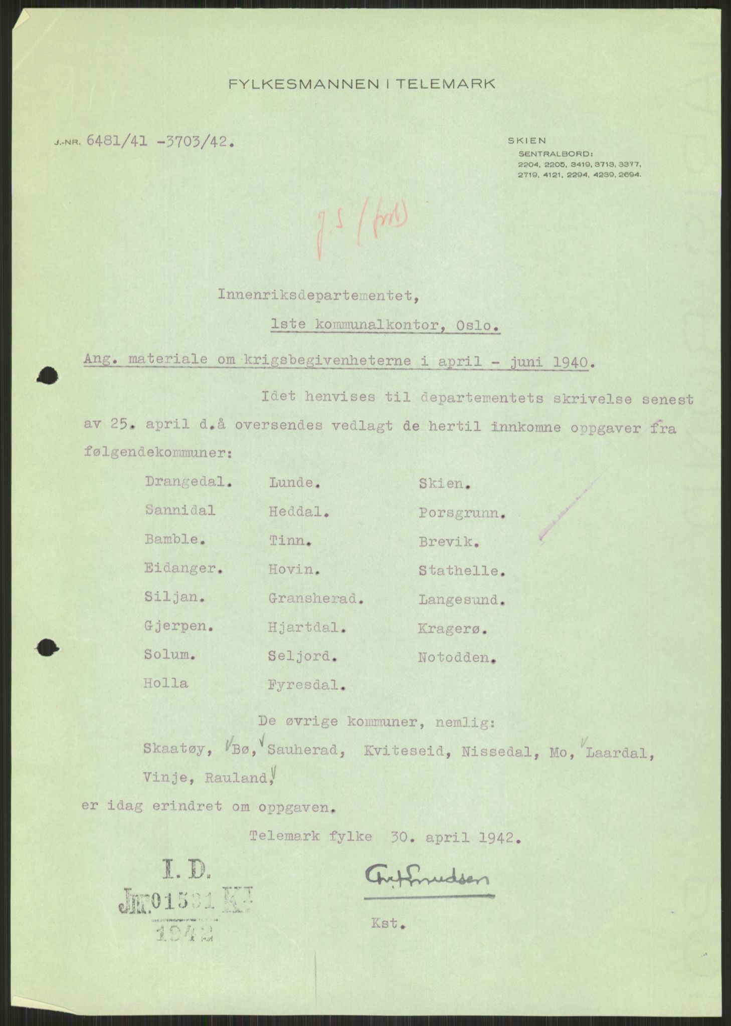 Forsvaret, Forsvarets krigshistoriske avdeling, AV/RA-RAFA-2017/Y/Ya/L0014: II-C-11-31 - Fylkesmenn.  Rapporter om krigsbegivenhetene 1940., 1940, p. 619