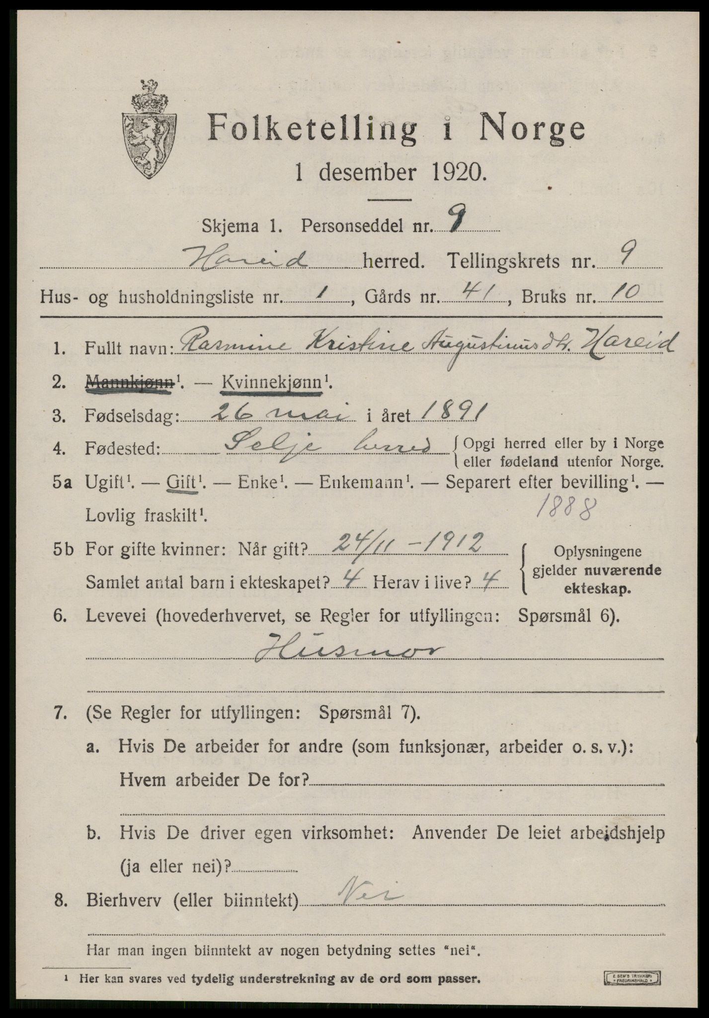 SAT, 1920 census for Hareid, 1920, p. 3175