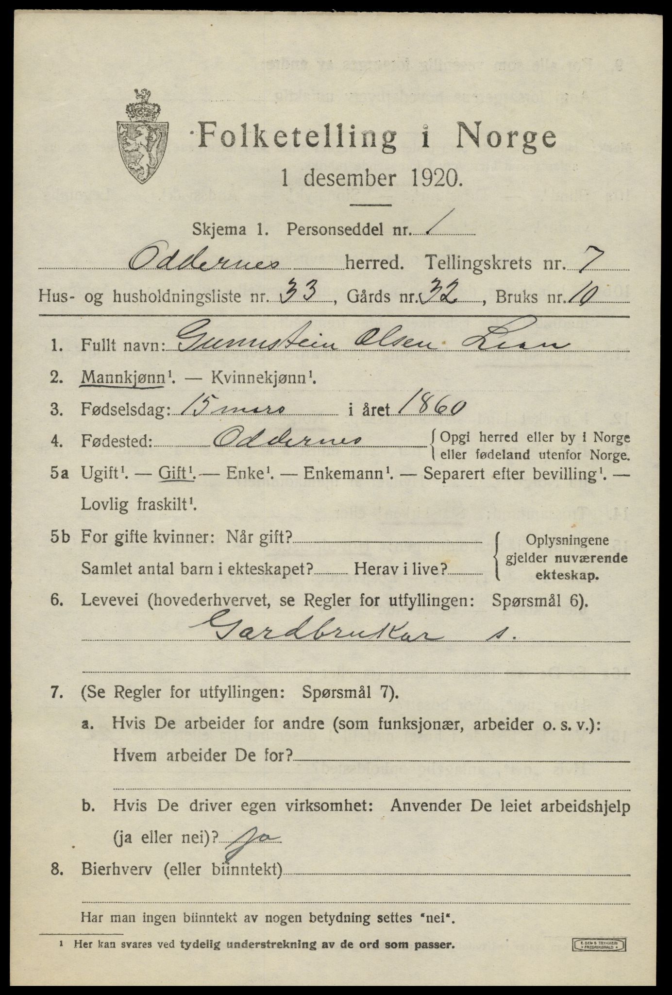 SAK, 1920 census for Oddernes, 1920, p. 5553