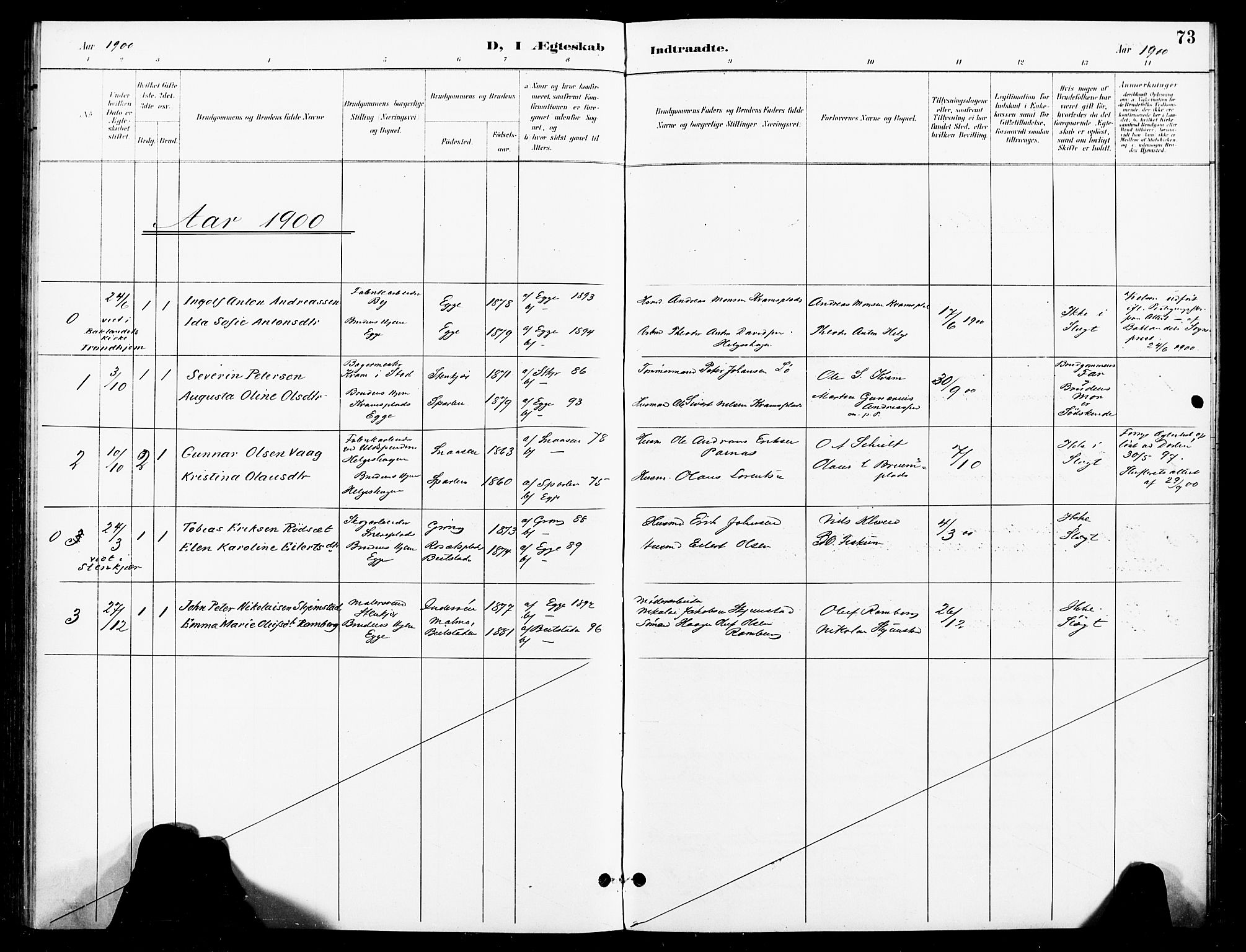 Ministerialprotokoller, klokkerbøker og fødselsregistre - Nord-Trøndelag, SAT/A-1458/740/L0379: Parish register (official) no. 740A02, 1895-1907, p. 73