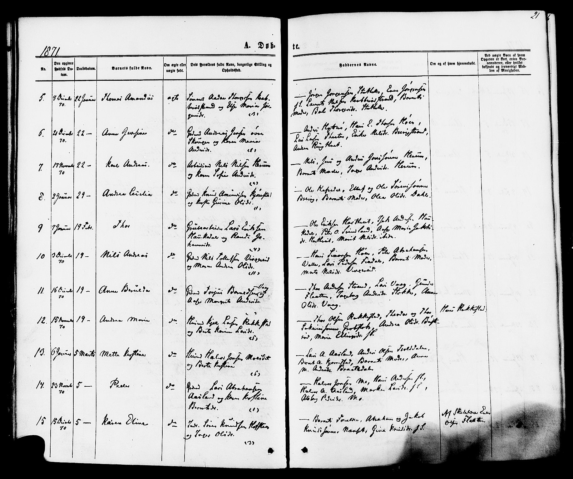 Bamble kirkebøker, AV/SAKO-A-253/F/Fa/L0006: Parish register (official) no. I 6, 1869-1877, p. 21