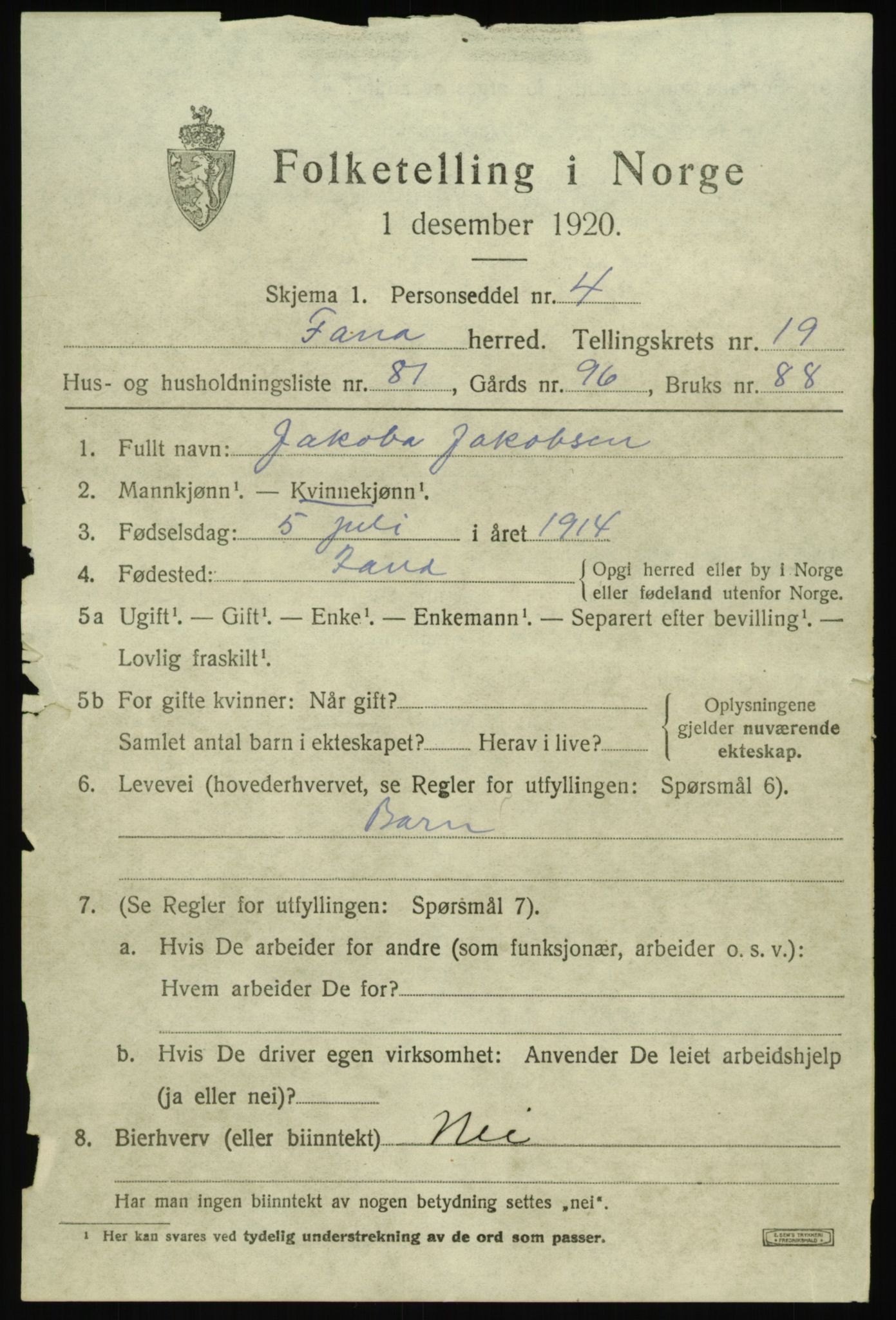 SAB, 1920 census for Fana, 1920, p. 23807