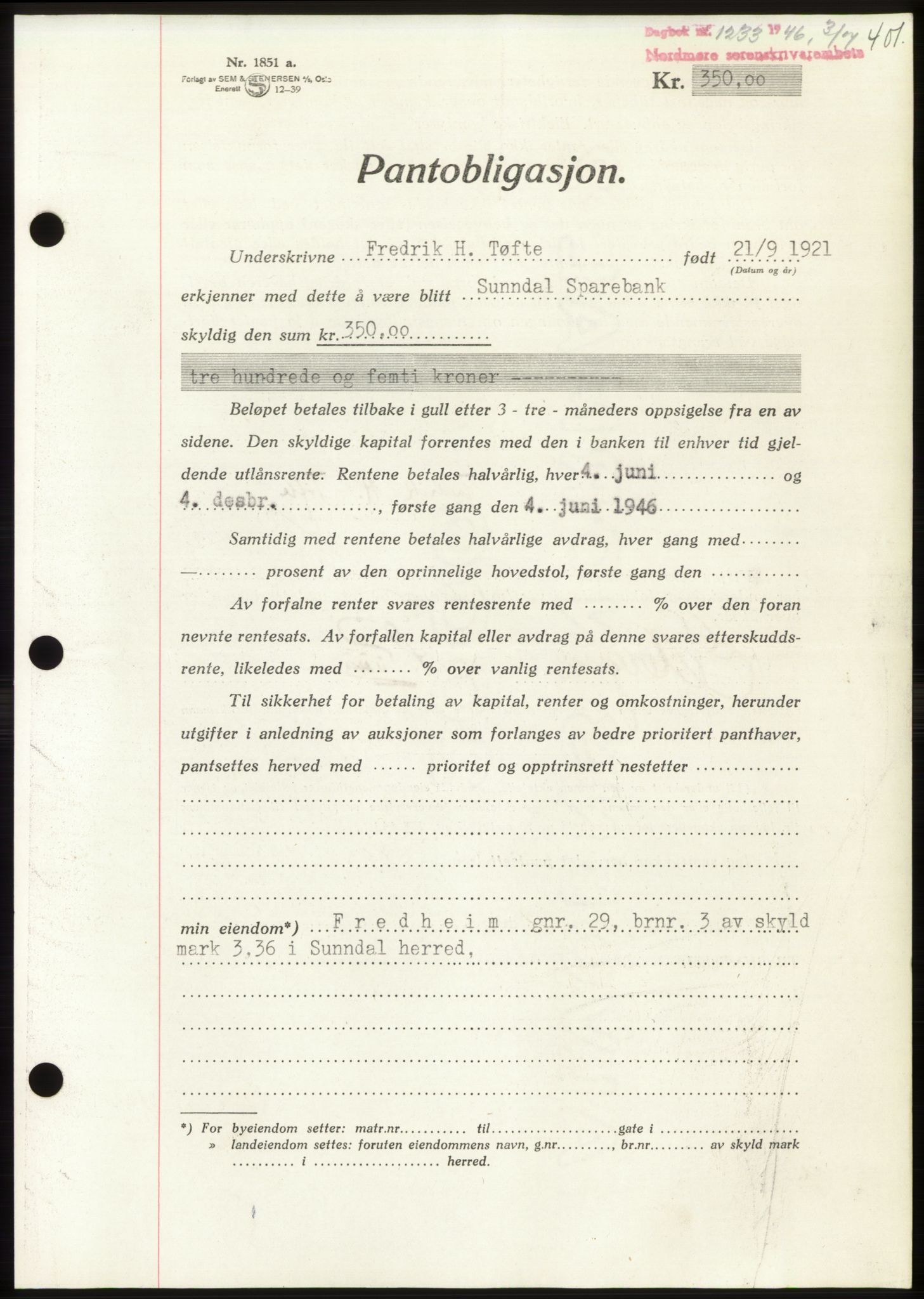 Nordmøre sorenskriveri, AV/SAT-A-4132/1/2/2Ca: Mortgage book no. B94, 1946-1946, Diary no: : 1233/1946