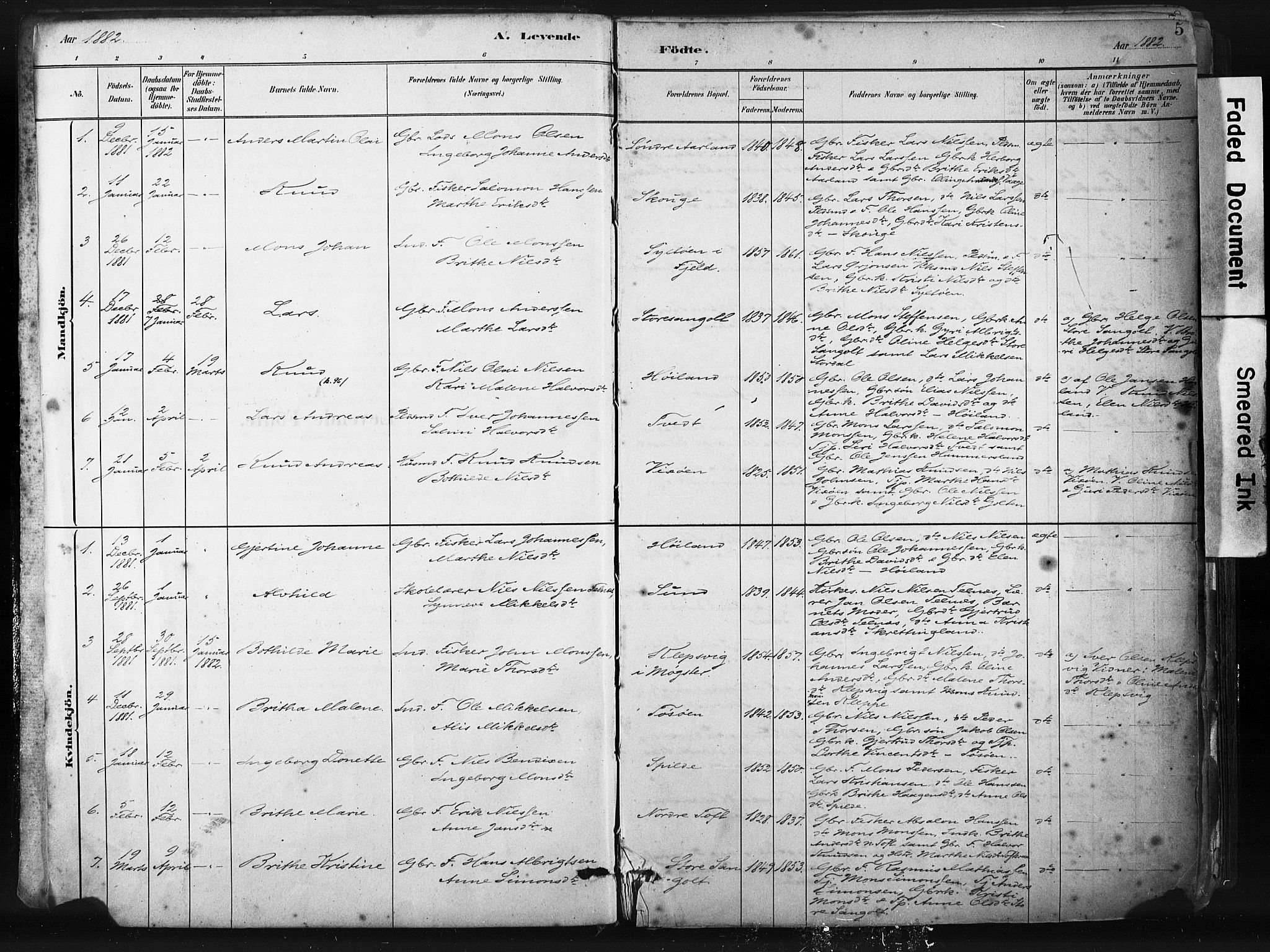 Sund sokneprestembete, SAB/A-99930: Parish register (official) no. B 1, 1882-1907, p. 5