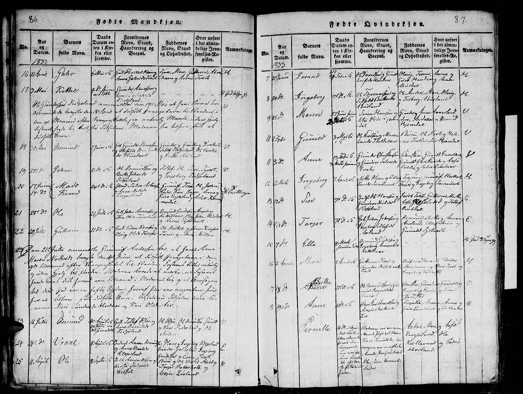 Evje sokneprestkontor, AV/SAK-1111-0008/F/Fb/Fba/L0001: Parish register (copy) no. B 1, 1816-1842, p. 86-87