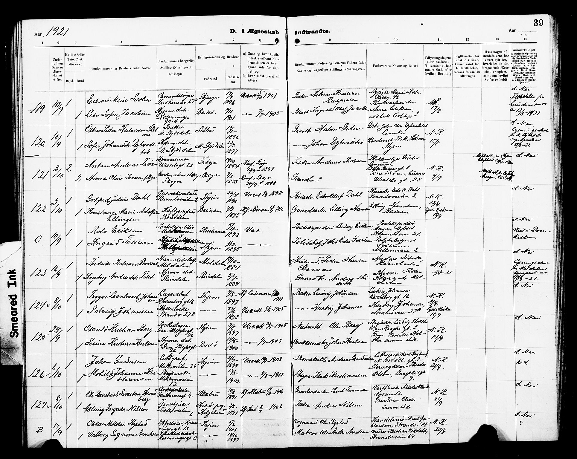 Ministerialprotokoller, klokkerbøker og fødselsregistre - Sør-Trøndelag, AV/SAT-A-1456/605/L0257: Parish register (copy) no. 605C04, 1916-1922, p. 39