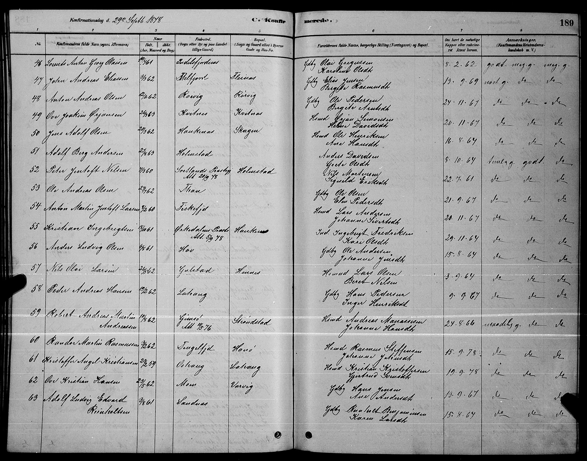 Ministerialprotokoller, klokkerbøker og fødselsregistre - Nordland, AV/SAT-A-1459/888/L1267: Parish register (copy) no. 888C05, 1878-1890, p. 189