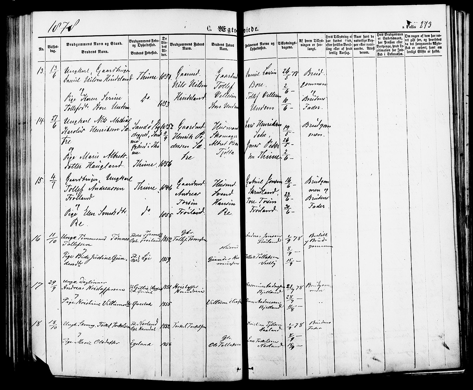 Lye sokneprestkontor, AV/SAST-A-101794/001/30BA/L0008: Parish register (official) no. A 7, 1872-1881, p. 273