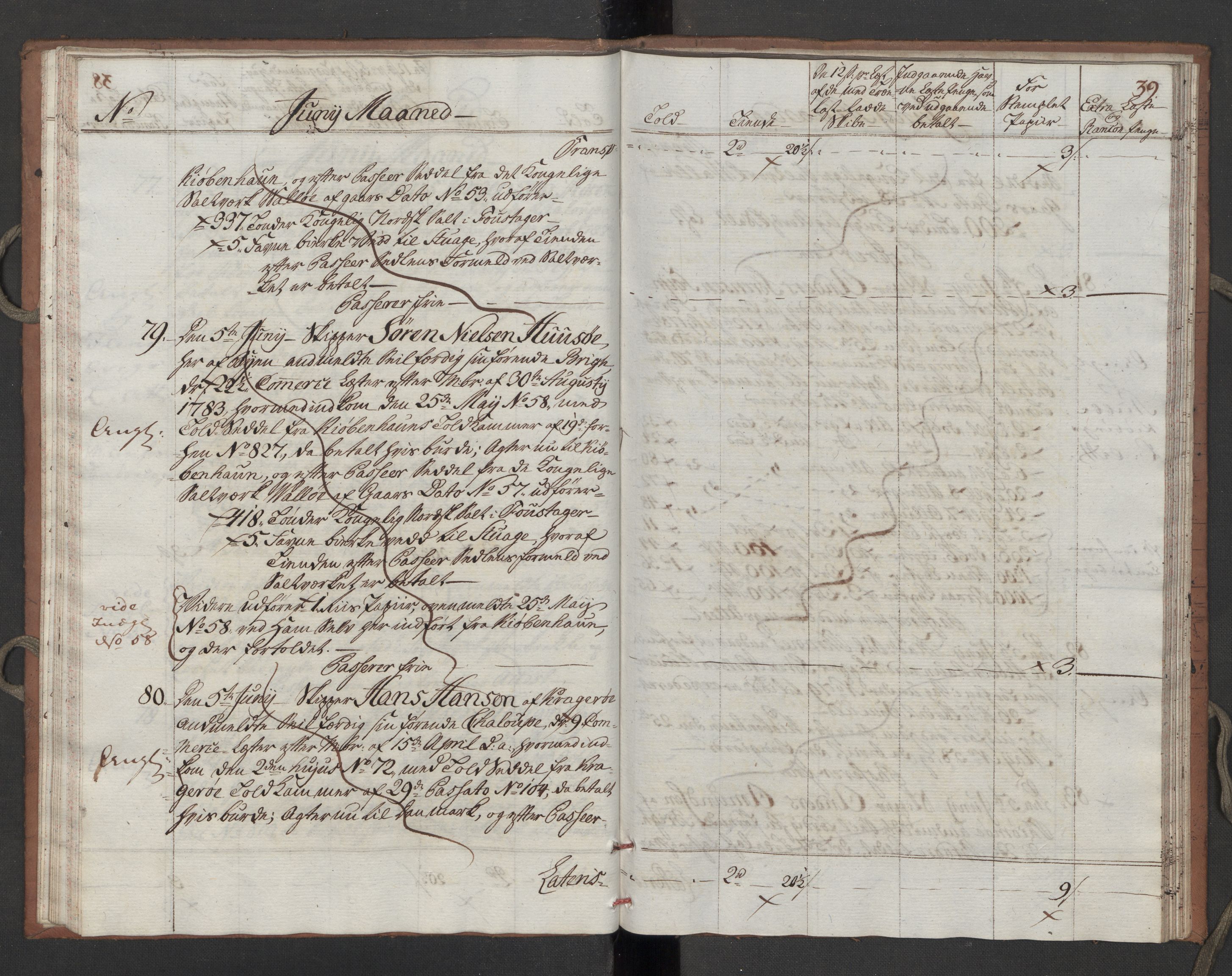 Generaltollkammeret, tollregnskaper, RA/EA-5490/R10/L0052/0002: Tollregnskaper Tønsberg / Utgående tollbok, 1790, p. 38b-39a