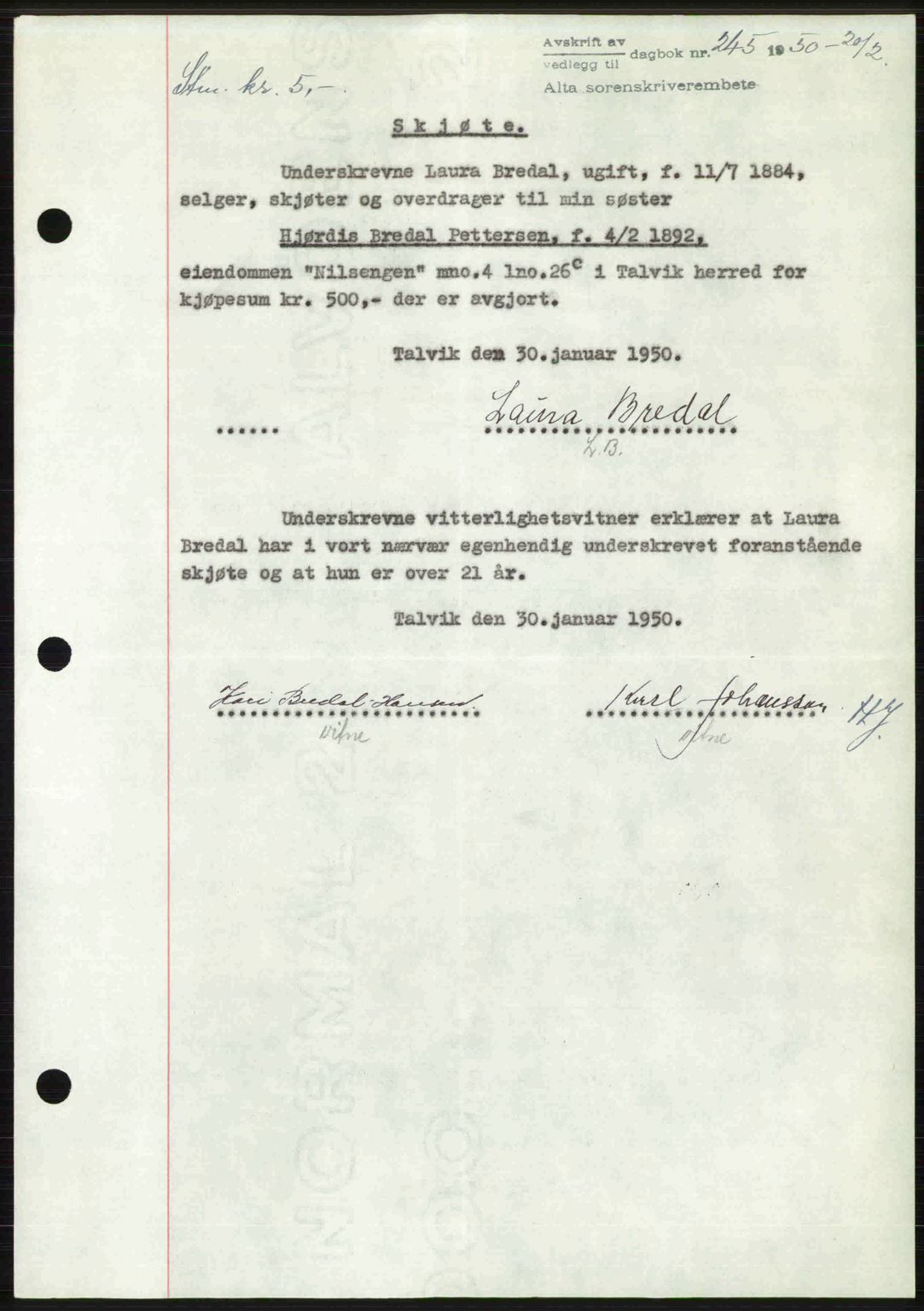 Alta fogderi/sorenskriveri, SATØ/SATØ-5/1/K/Kd/L0038pantebok: Mortgage book no. 41-42, 1949-1950, Diary no: : 245/1950