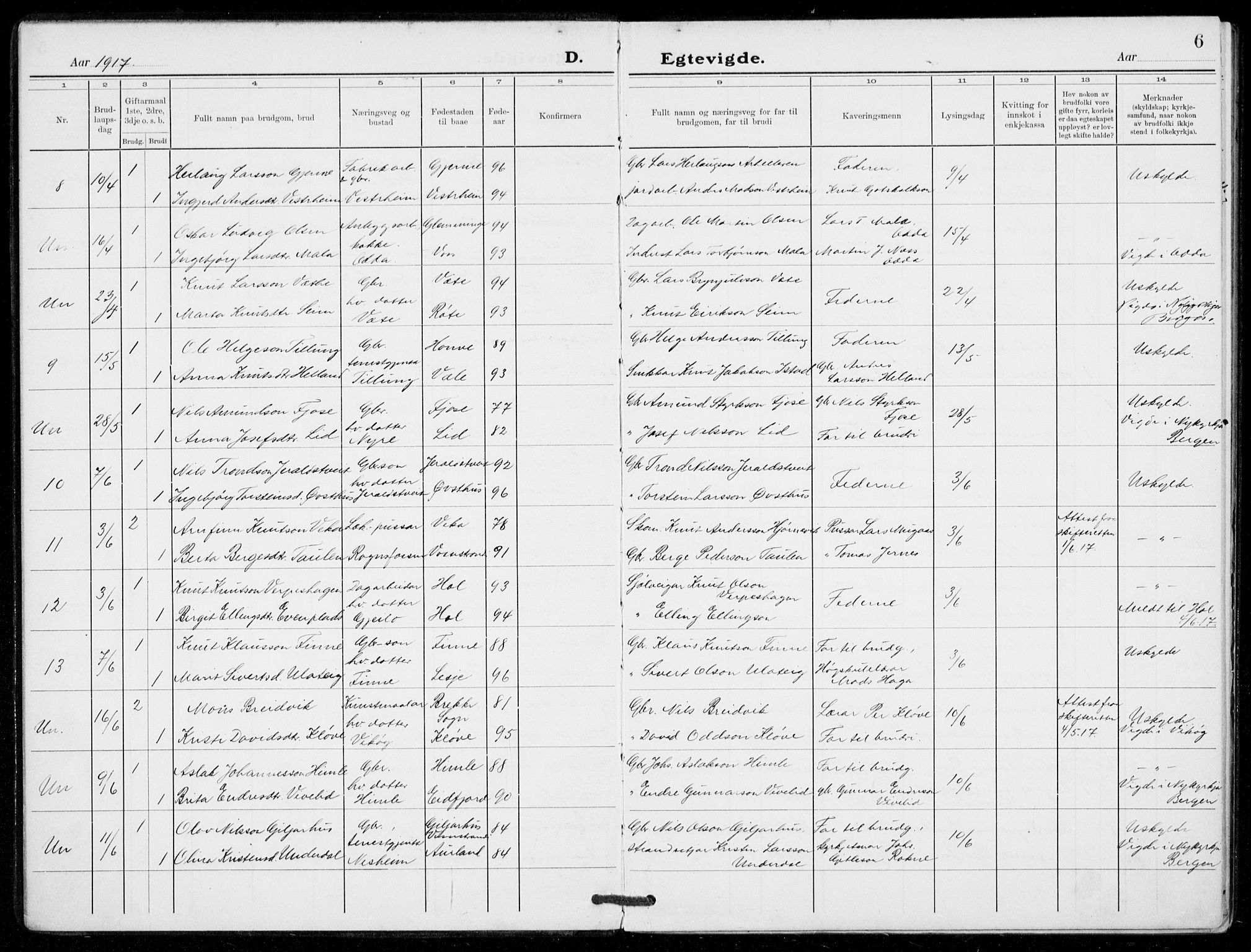 Voss sokneprestembete, SAB/A-79001/H/Haa: Parish register (official) no. C  2, 1916-1932, p. 6