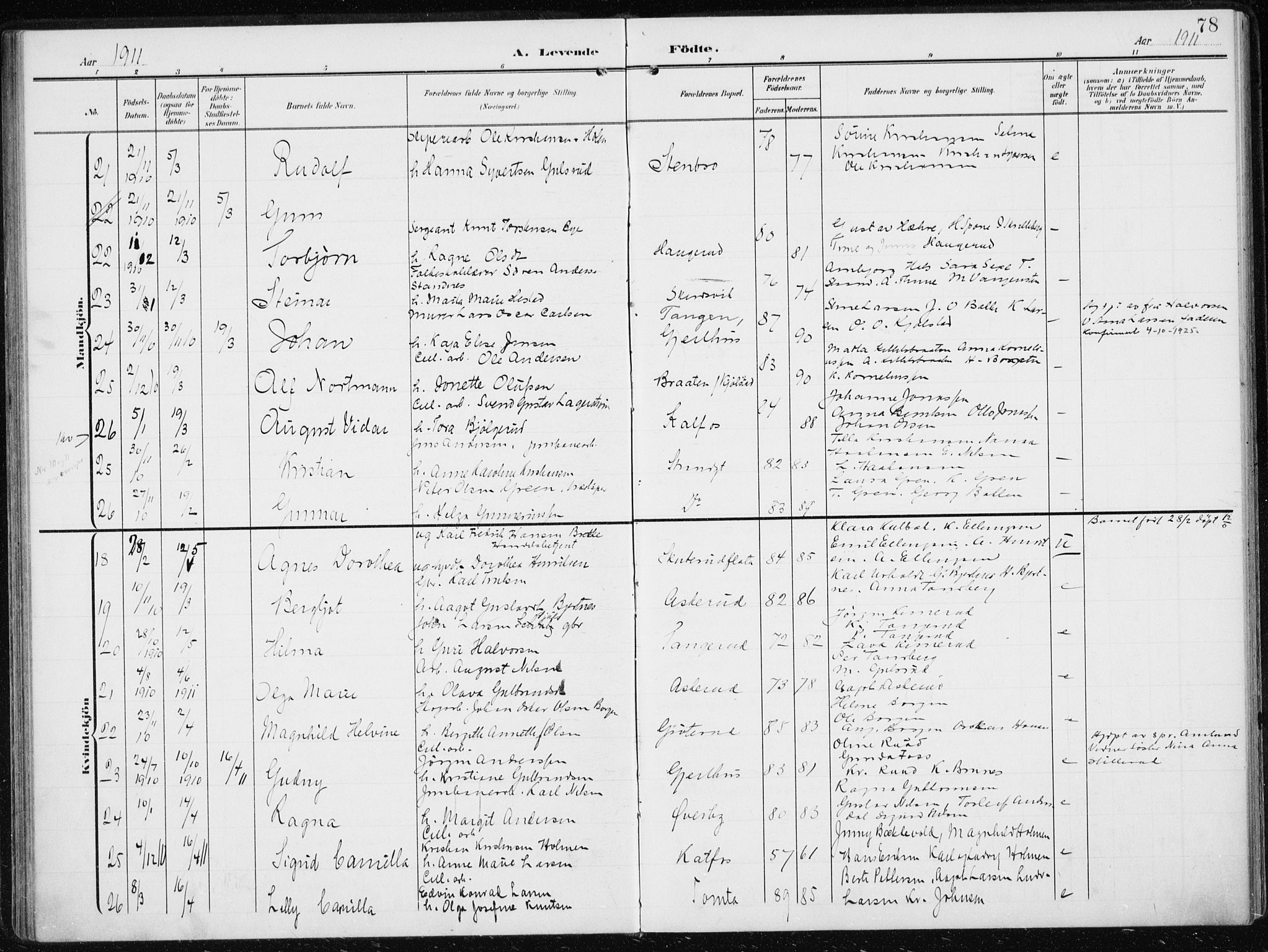 Modum kirkebøker, SAKO/A-234/F/Fa/L0014a: Parish register (official) no. 14A, 1906-1918, p. 78