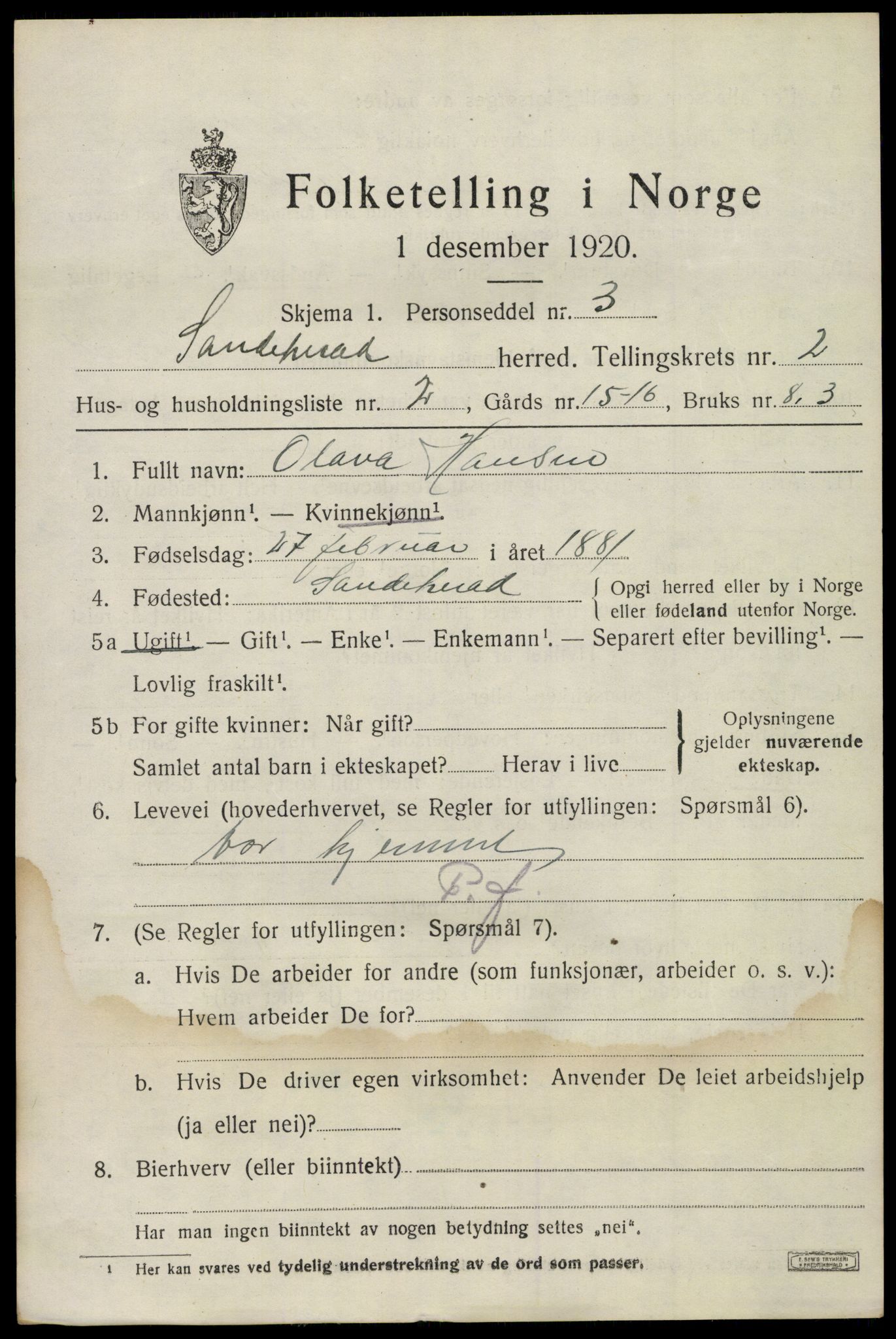 SAKO, 1920 census for Sandeherred, 1920, p. 4136