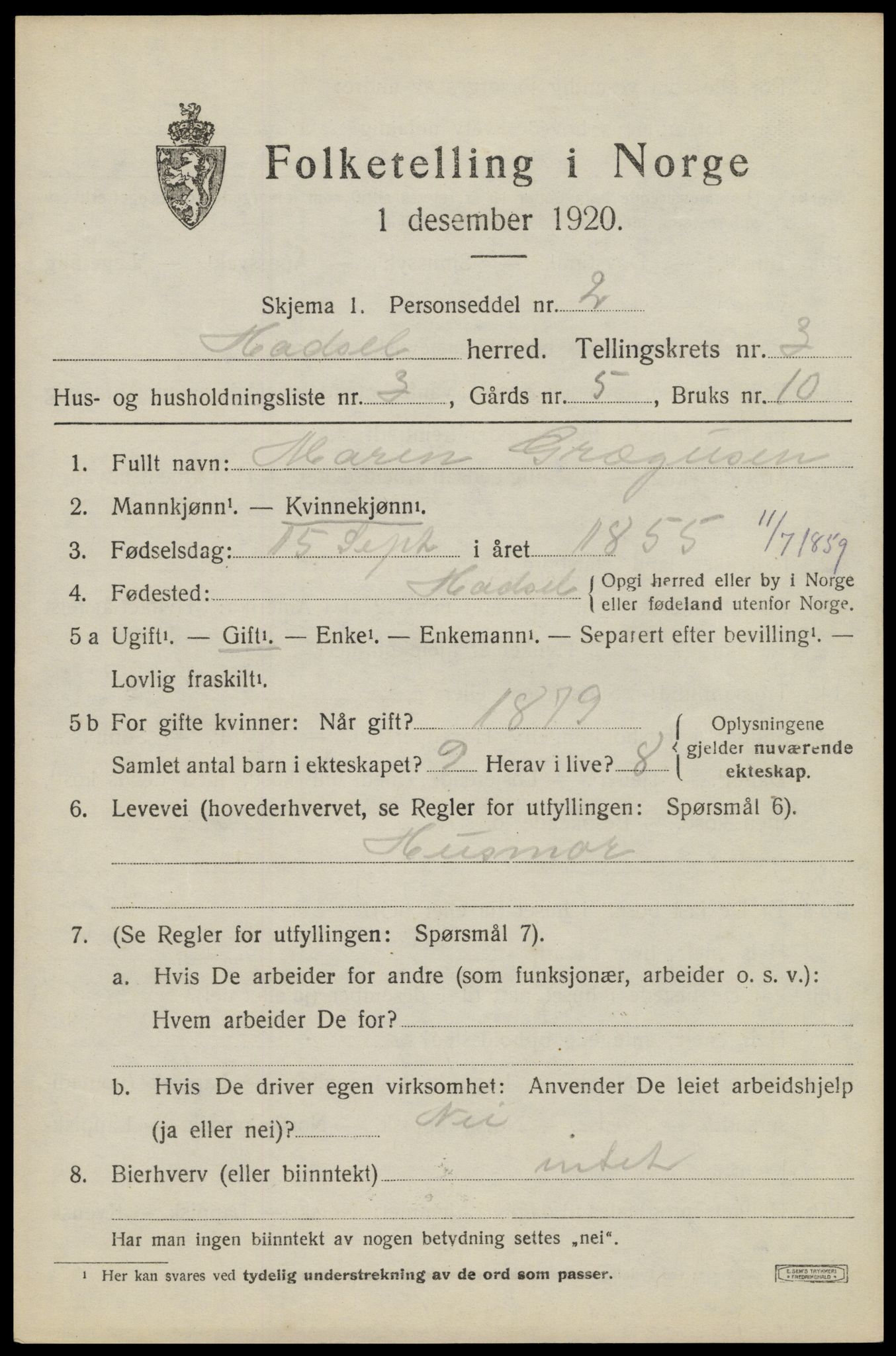 SAT, 1920 census for Hadsel, 1920, p. 5082