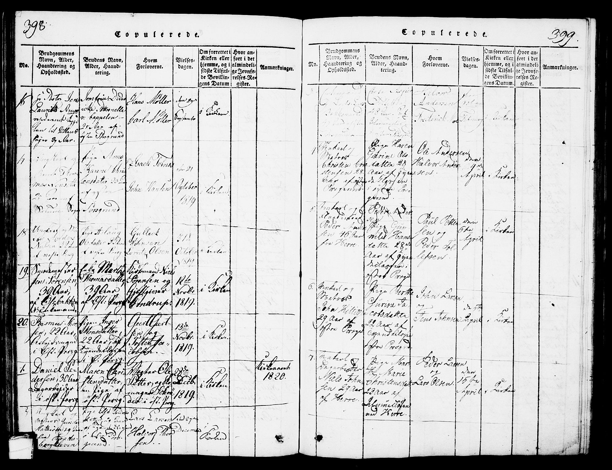 Porsgrunn kirkebøker , SAKO/A-104/G/Gb/L0001: Parish register (copy) no. II 1, 1817-1828, p. 398-399