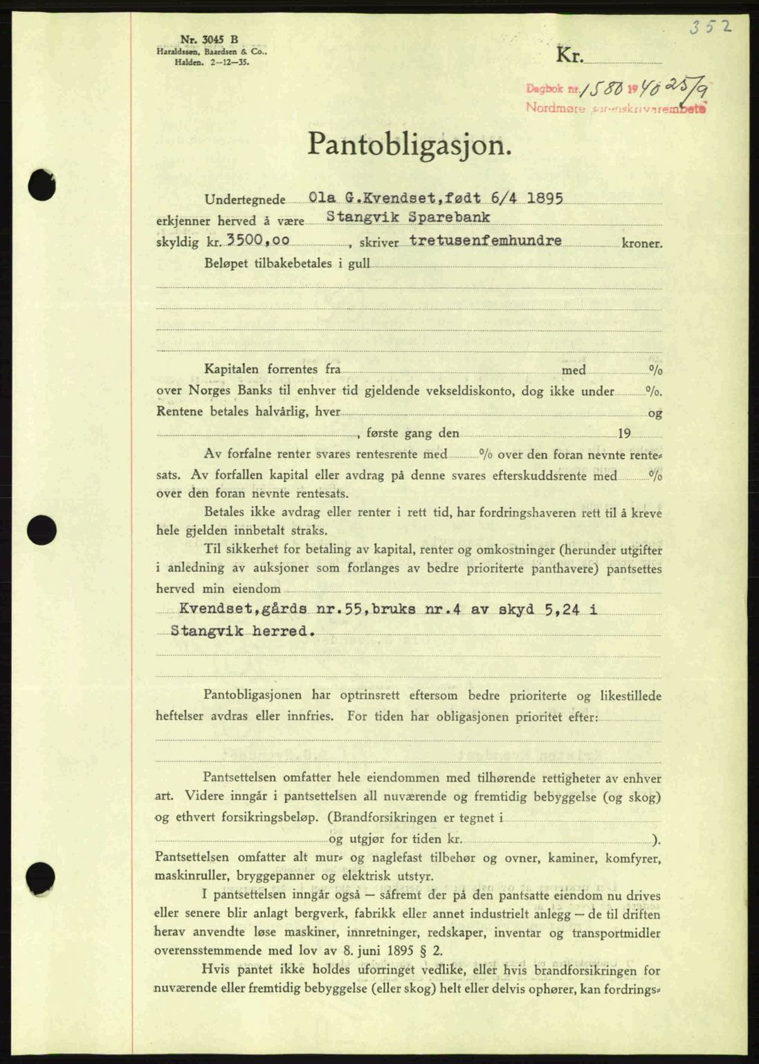 Nordmøre sorenskriveri, AV/SAT-A-4132/1/2/2Ca: Mortgage book no. B87, 1940-1941, Diary no: : 1580/1940