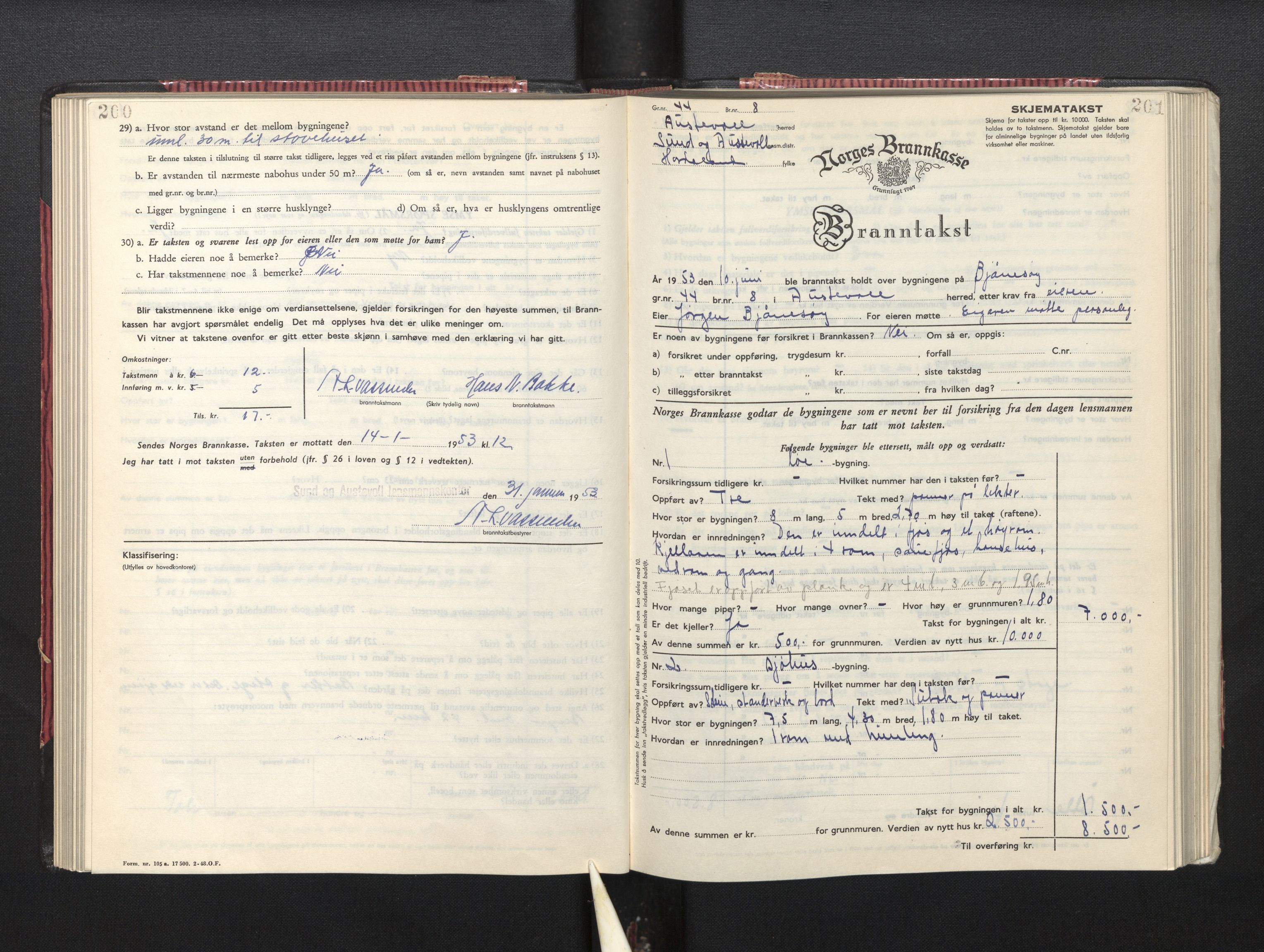 Lensmannen i Sund og Austevoll, AV/SAB-A-35201/0012/L0005: Branntakstprotokoll, skjematakst, 1949-1955, p. 200-201