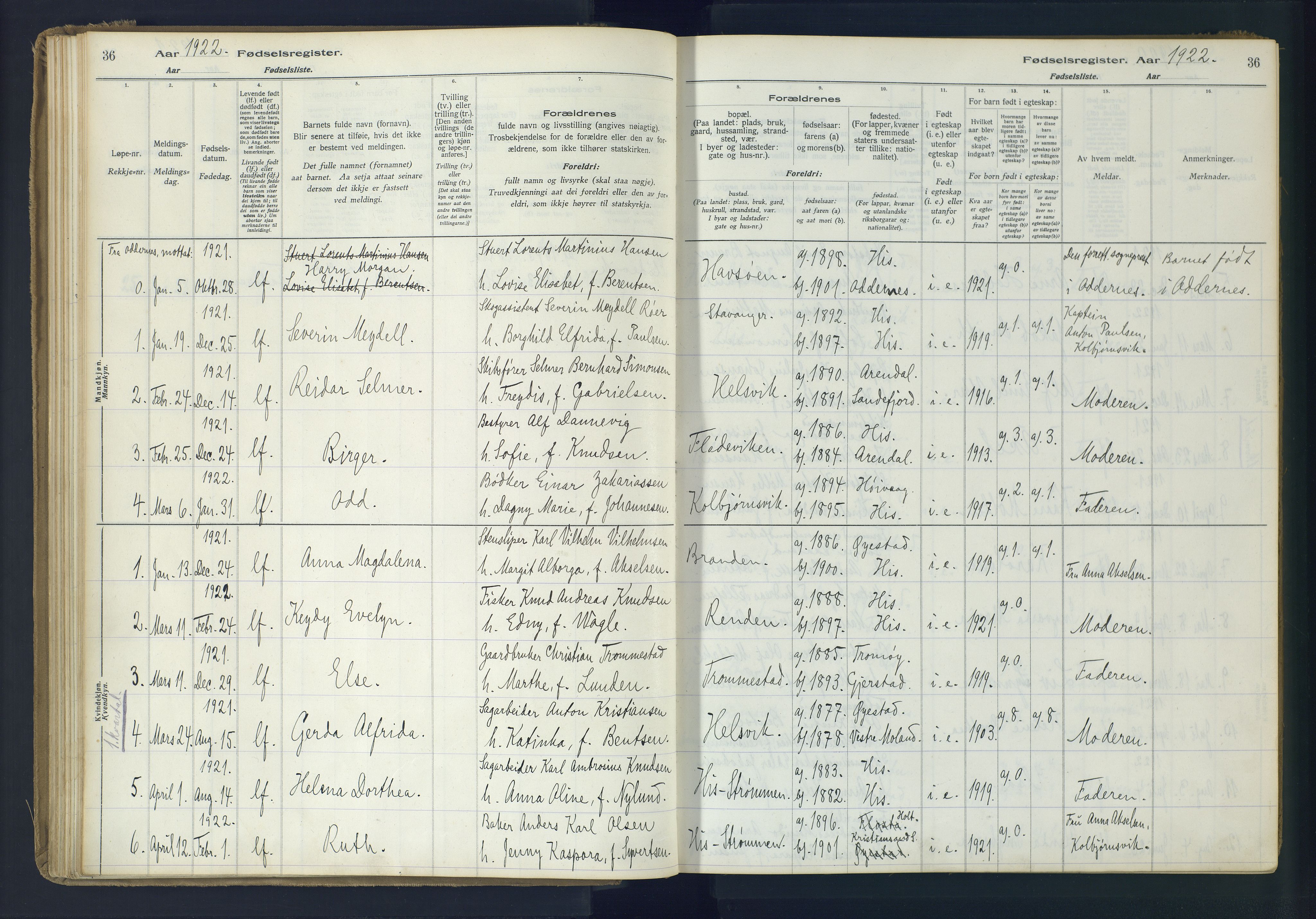 Hisøy sokneprestkontor, AV/SAK-1111-0020/J/Ja/L0001: Birth register no. A-VI-14, 1916-1951, p. 36