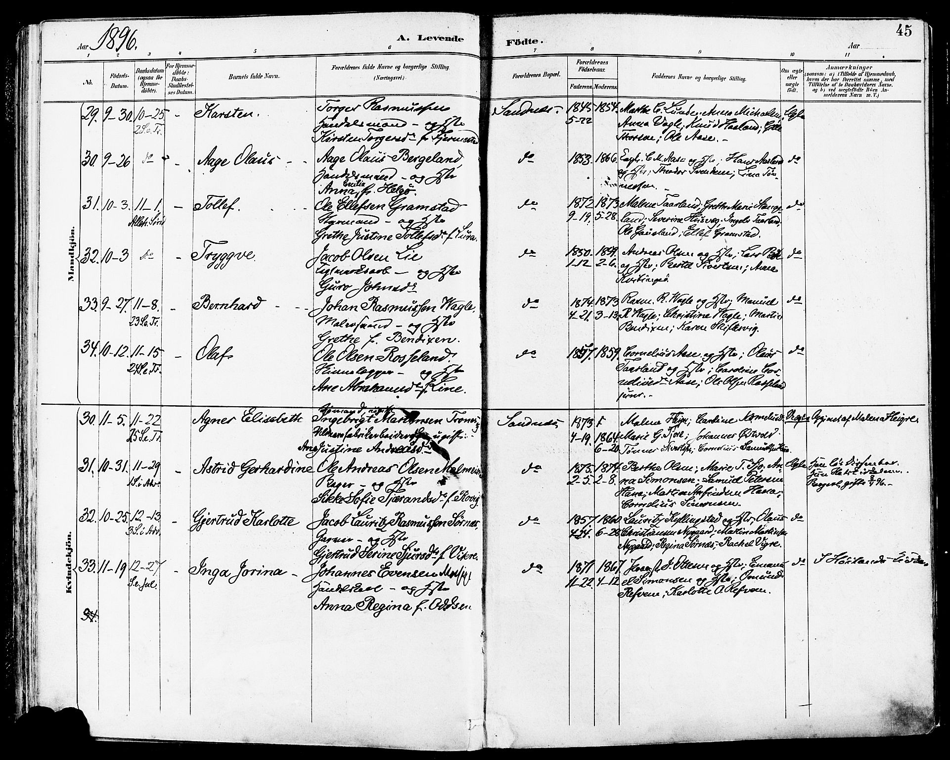 Høyland sokneprestkontor, SAST/A-101799/001/30BA/L0014: Parish register (official) no. A 12, 1890-1898, p. 45