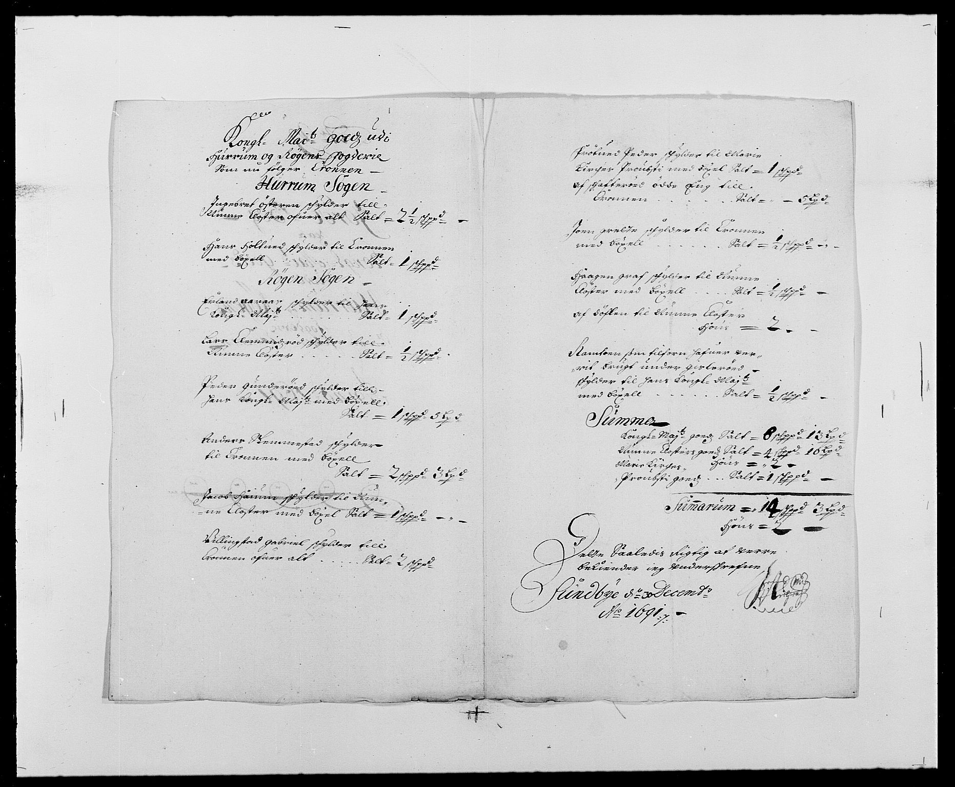 Rentekammeret inntil 1814, Reviderte regnskaper, Fogderegnskap, RA/EA-4092/R29/L1693: Fogderegnskap Hurum og Røyken, 1688-1693, p. 191