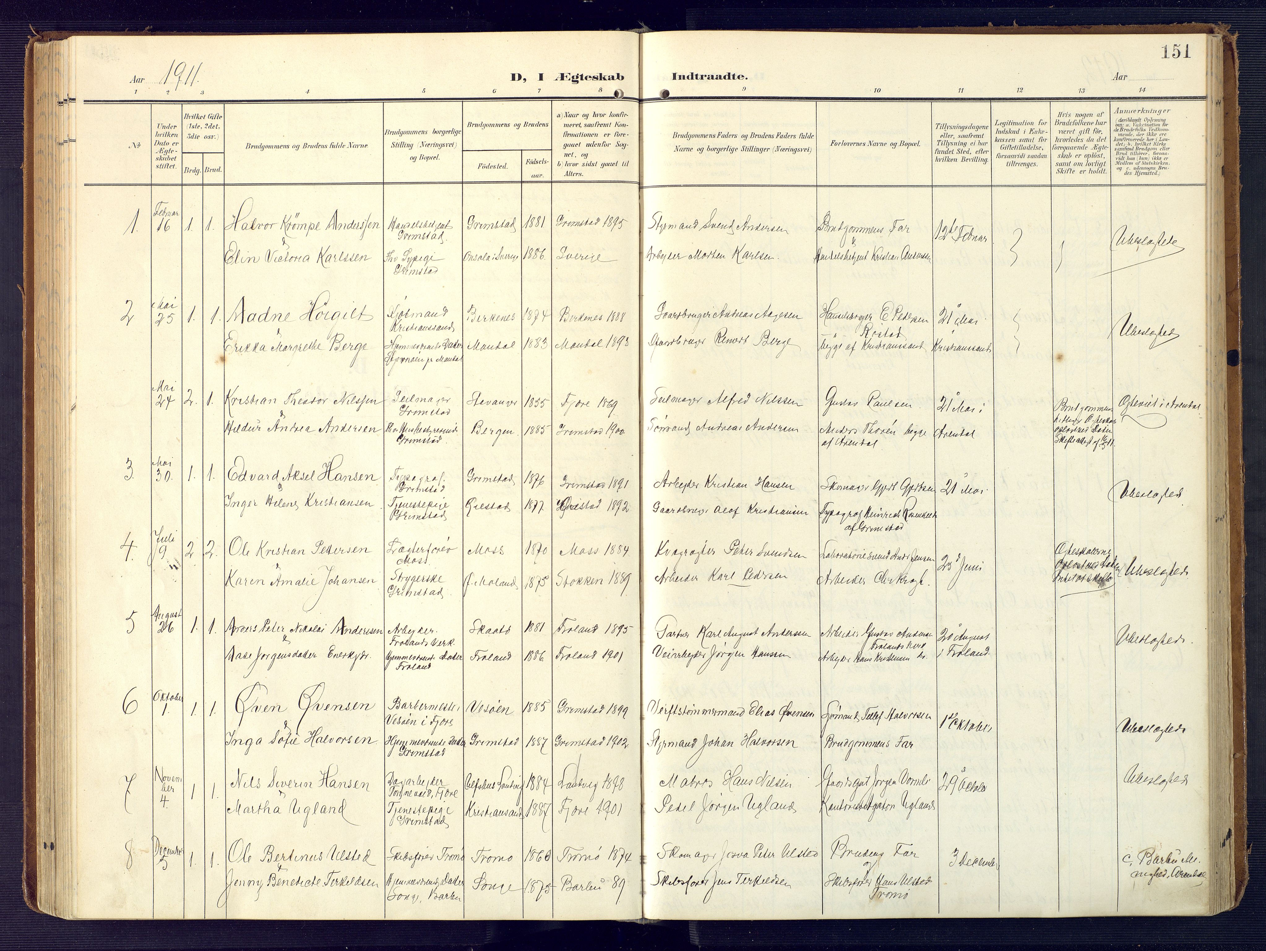 Grimstad sokneprestkontor, SAK/1111-0017/F/Fa/L0005: Parish register (official) no. A 4, 1911-1924, p. 151