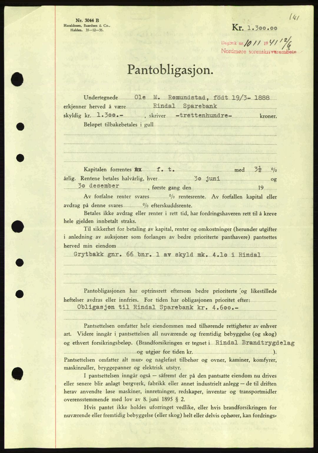 Nordmøre sorenskriveri, SAT/A-4132/1/2/2Ca: Mortgage book no. B88, 1941-1942, Diary no: : 1011/1941