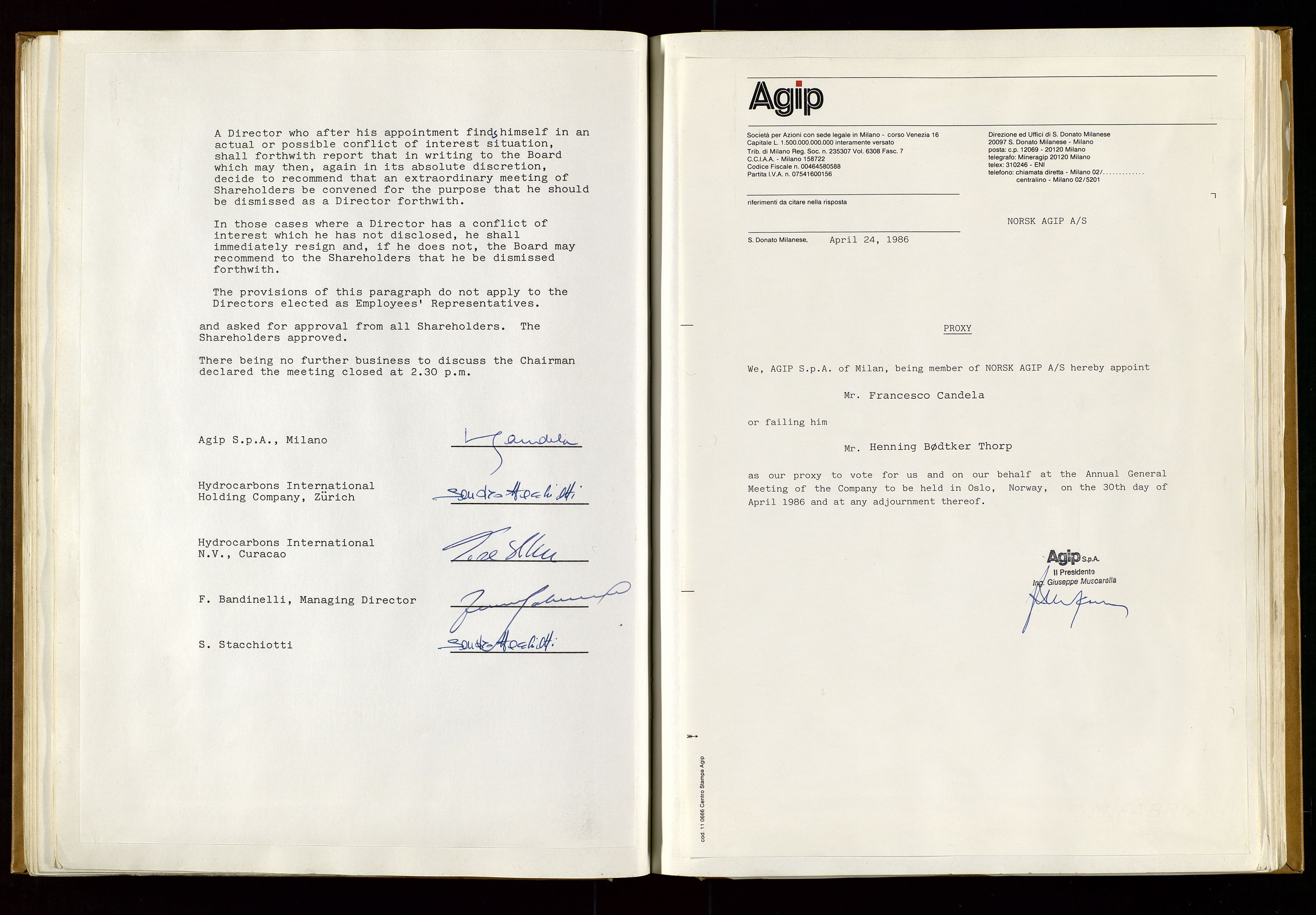 Pa 1583 - Norsk Agip AS, AV/SAST-A-102138/A/Aa/L0001: General assembly and Board of Directors meeting minutes, 1965-1990