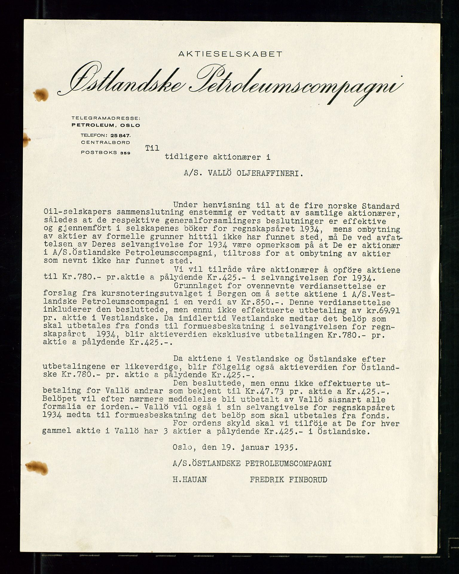 Pa 1536 - Esso Norge as, Vallø Oljeraffineri og lager, AV/SAST-A-101956/A/Aa/L0002: Vallø Oljeraffineri ordinær og ekstraordinær generalforsamling 1934. Ordinær generalforsamling Vallø Oljeraffineri, Norsk Amerikansk Petroleuns co., Vestlandske Petroleums co. 1935., 1934-1935, p. 59