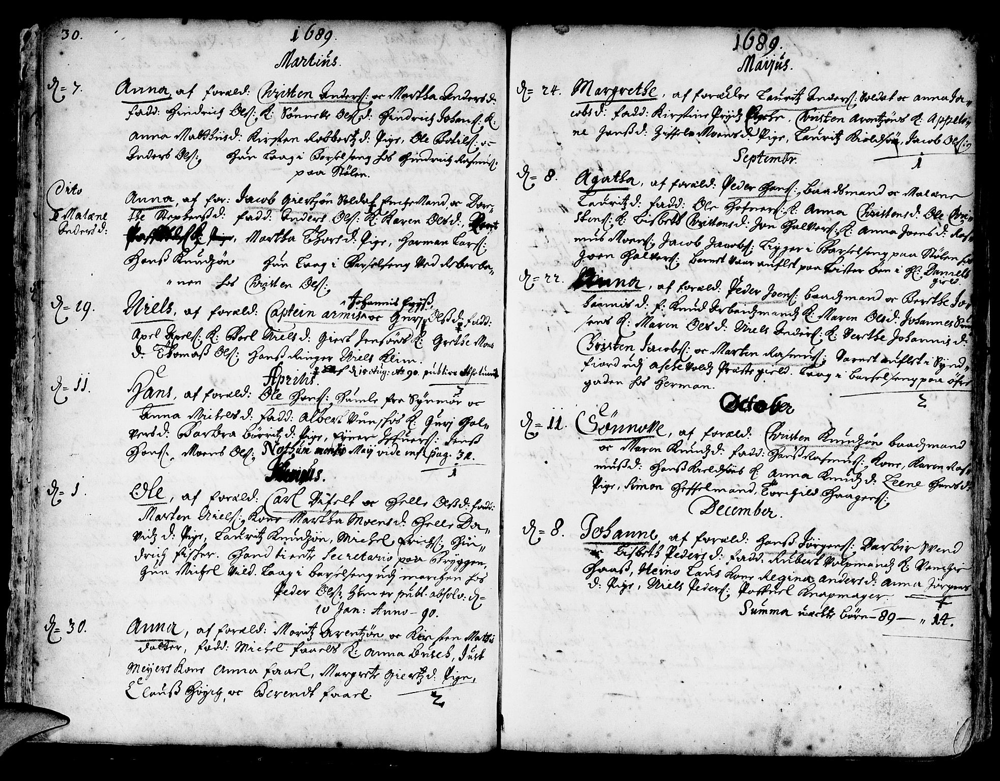 Korskirken sokneprestembete, SAB/A-76101/H/Haa/L0002: Parish register (official) no. A 2, 1688-1697, p. 30-31