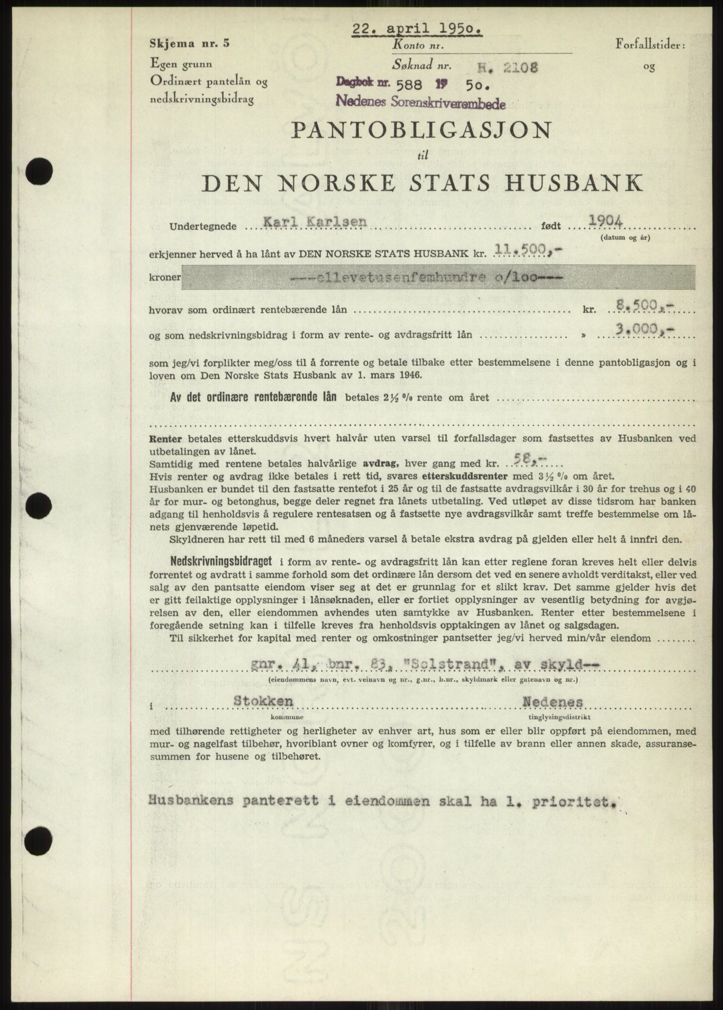 Nedenes sorenskriveri, AV/SAK-1221-0006/G/Gb/Gbb/L0007: Mortgage book no. B7, 1949-1950, Diary no: : 588/1950