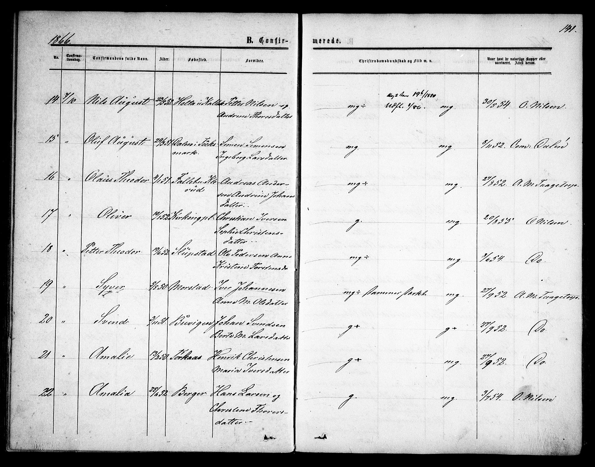 Rødenes prestekontor Kirkebøker, SAO/A-2005/F/Fa/L0007: Parish register (official) no. I 7, 1860-1869, p. 141