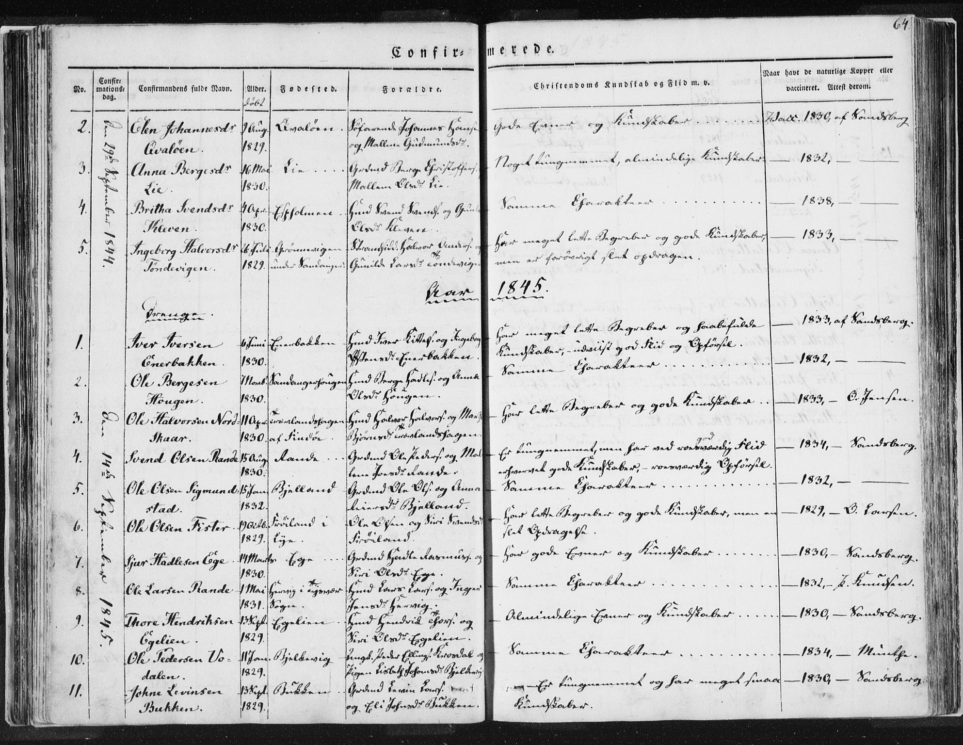 Hjelmeland sokneprestkontor, AV/SAST-A-101843/01/IV/L0007: Parish register (official) no. A 7, 1834-1850, p. 64