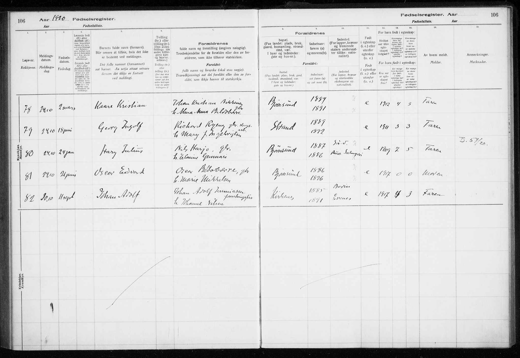 Sør-Varanger sokneprestkontor, AV/SATØ-S-1331/I/Ia/L0016: Birth register no. 16, 1915-1925, p. 106